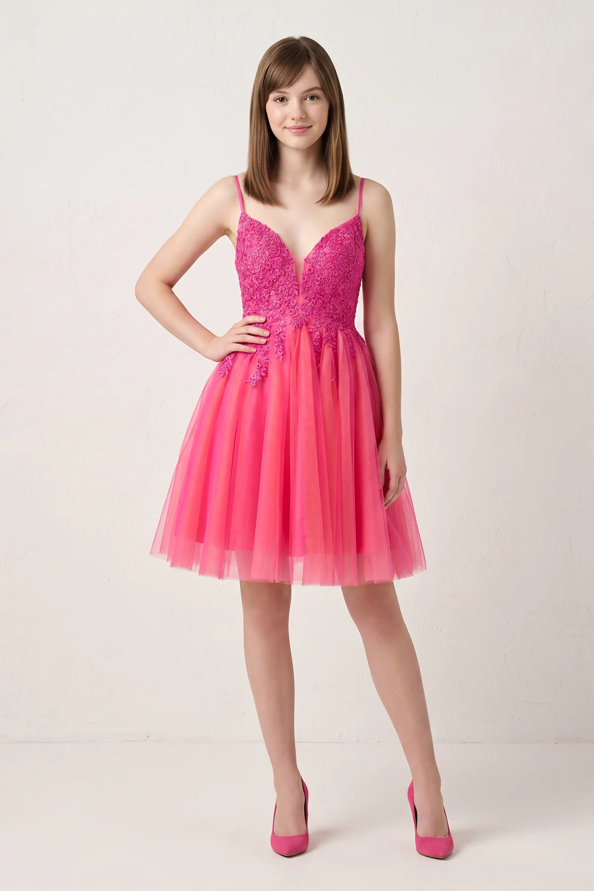 Hot Pink V Neck Straps Appliques Tulle Homecoming Dress