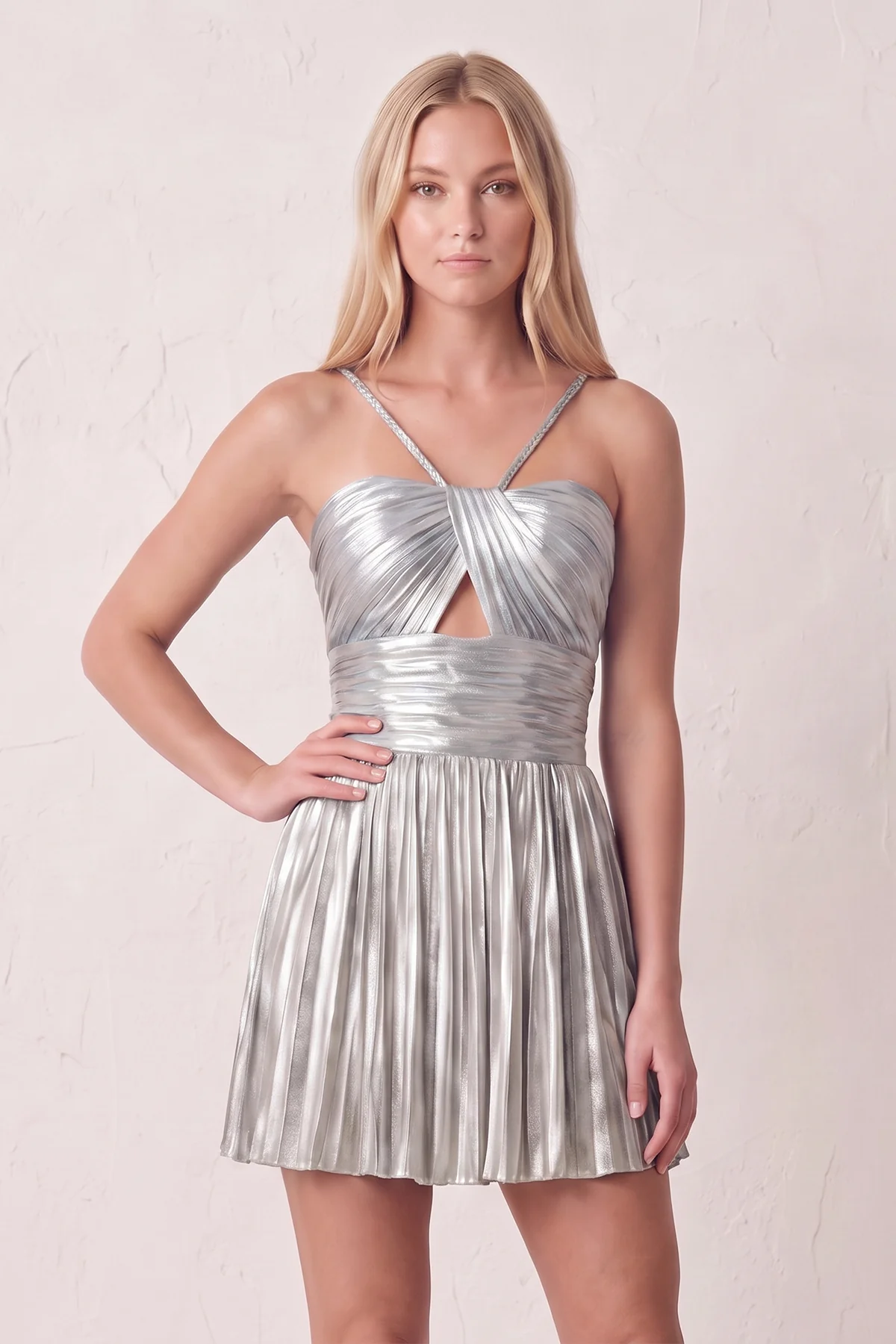 Gloden A-Line Metallic Spaghetti Strap Pleated Homecoming Dress