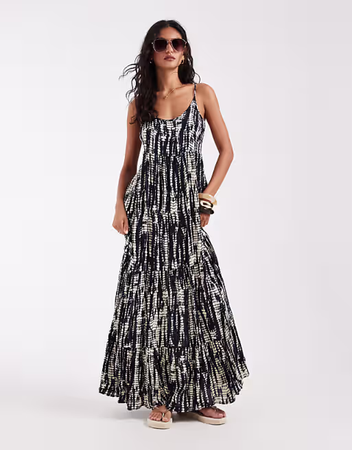ONLY tiered maxi dress in navy abstract print
