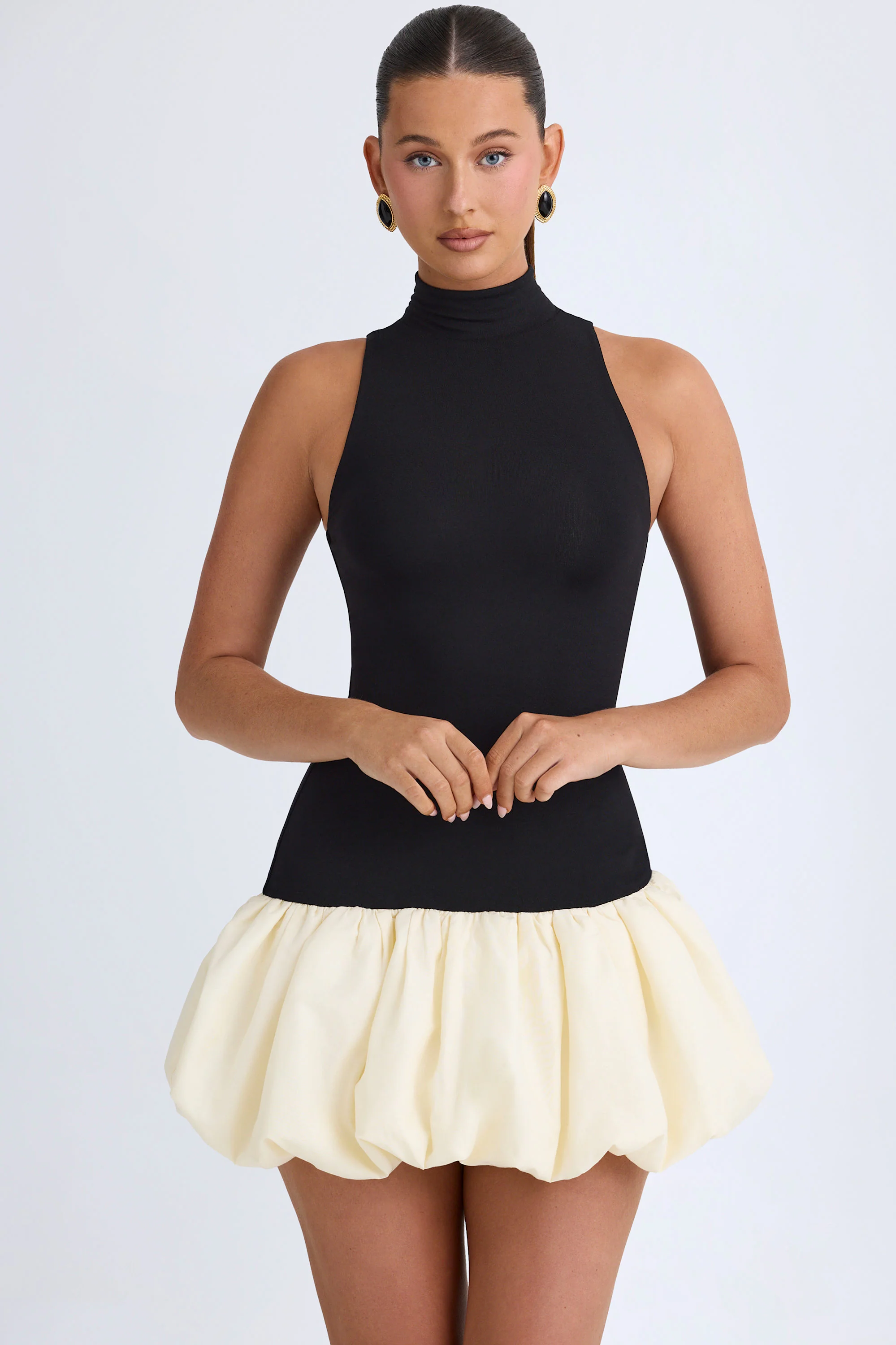 Modal Turtleneck Drop-Waist Bubble Hem Mini Dress in Black