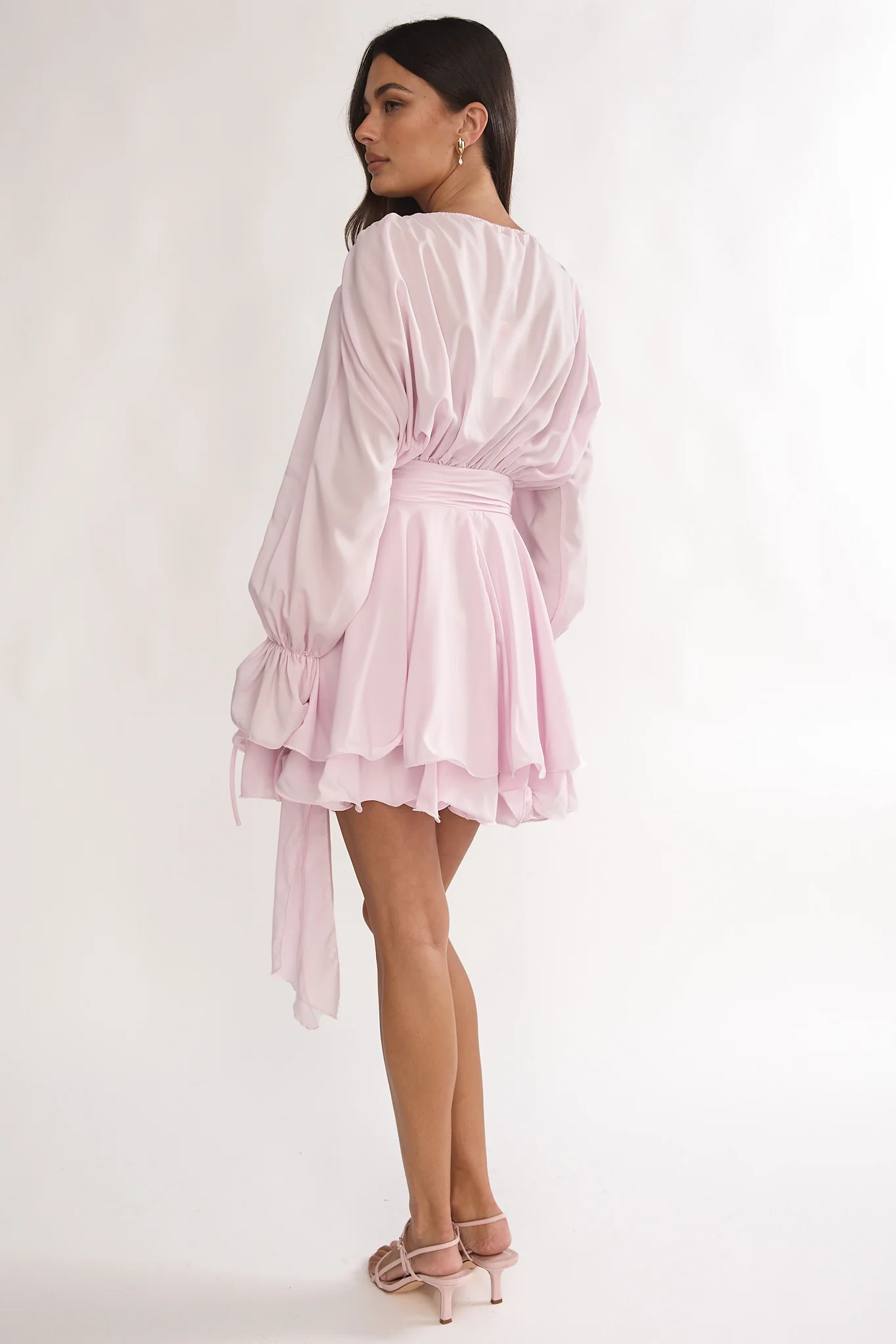 Maeva Long Balloon Sleeve Rosette Mini Dress Baby Pink - luluinthesky