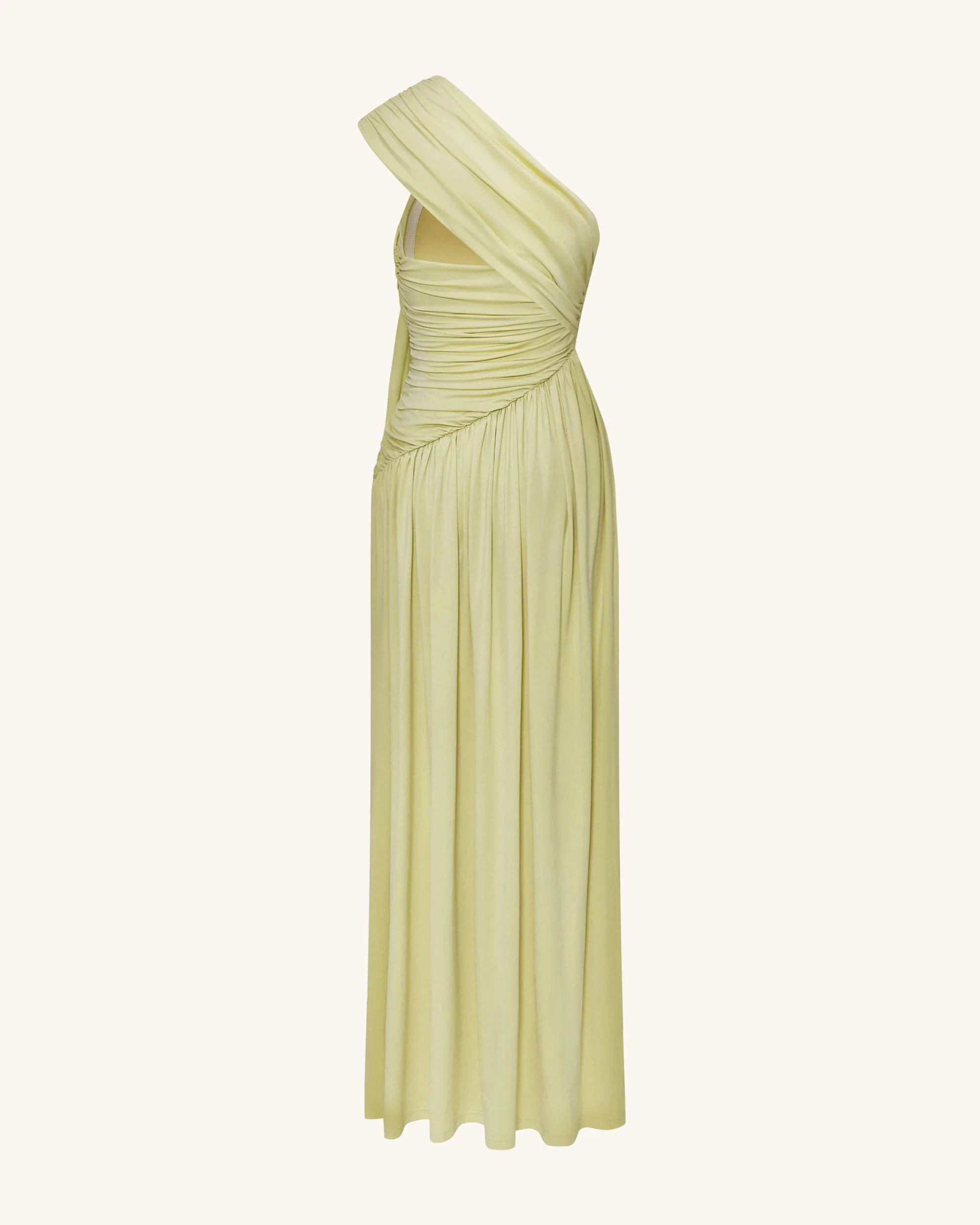 Ruched One-Shoulder Maxi Dress with Trailing Sash - Green - FASHION NOB
