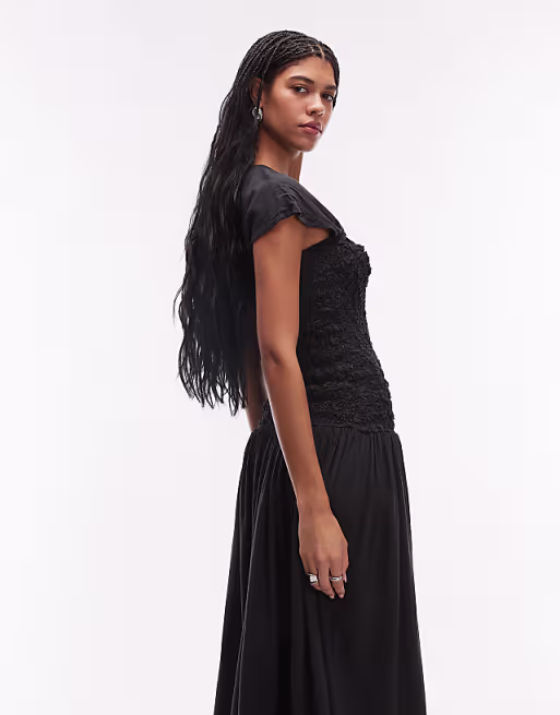 crew neck midi dress with popcorn shirred bodice in navy