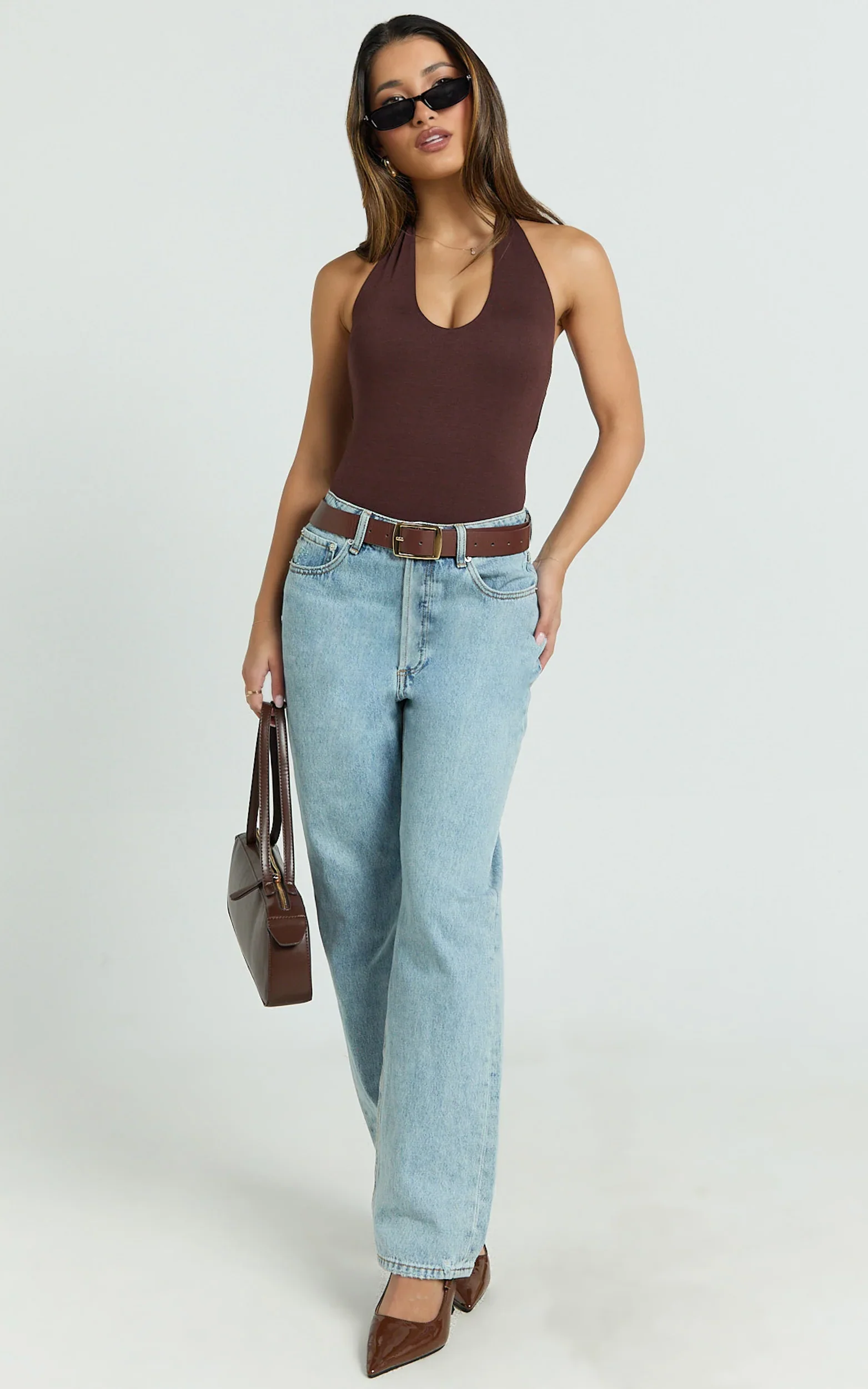 Suzanna Bodysuit - V Neck Halter Bodysuit in Chocolate