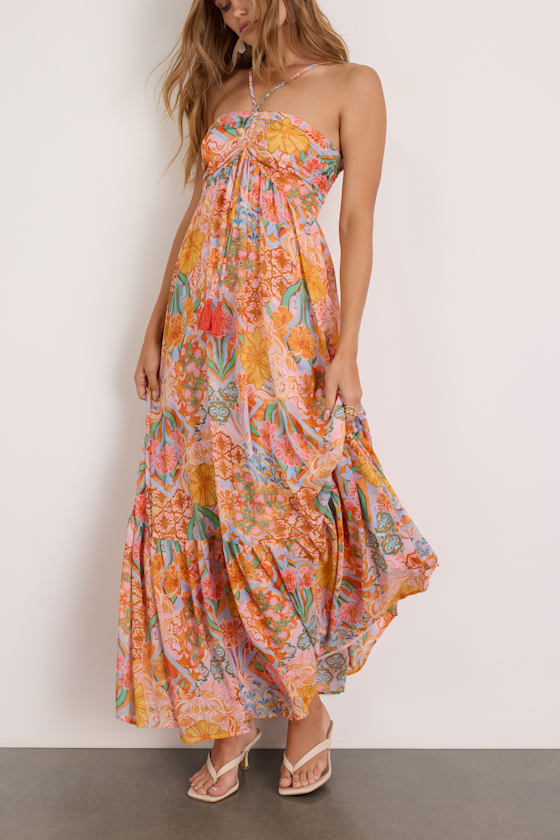 Grace Bay Blush Multi Boho Print Halter Maxi Dress