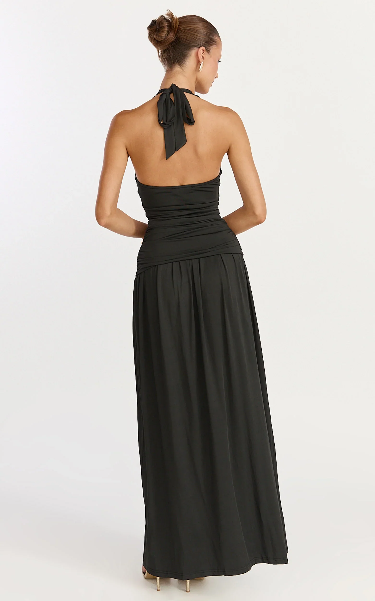 Coraline Maxi Dress - Plunge Neckline Double Waist Sash Halter Dress in Black