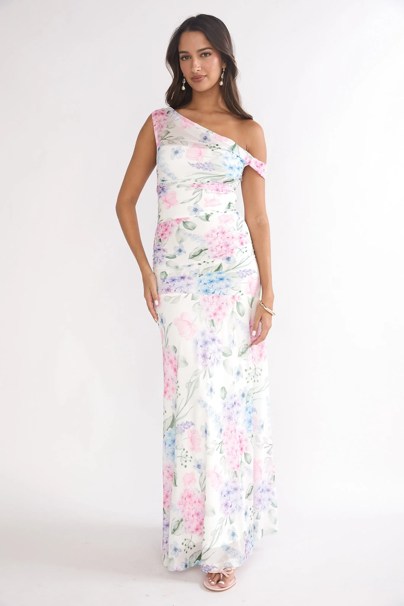 Lylah Asymmetric Neckline Mesh Maxi Dress Floral Blue