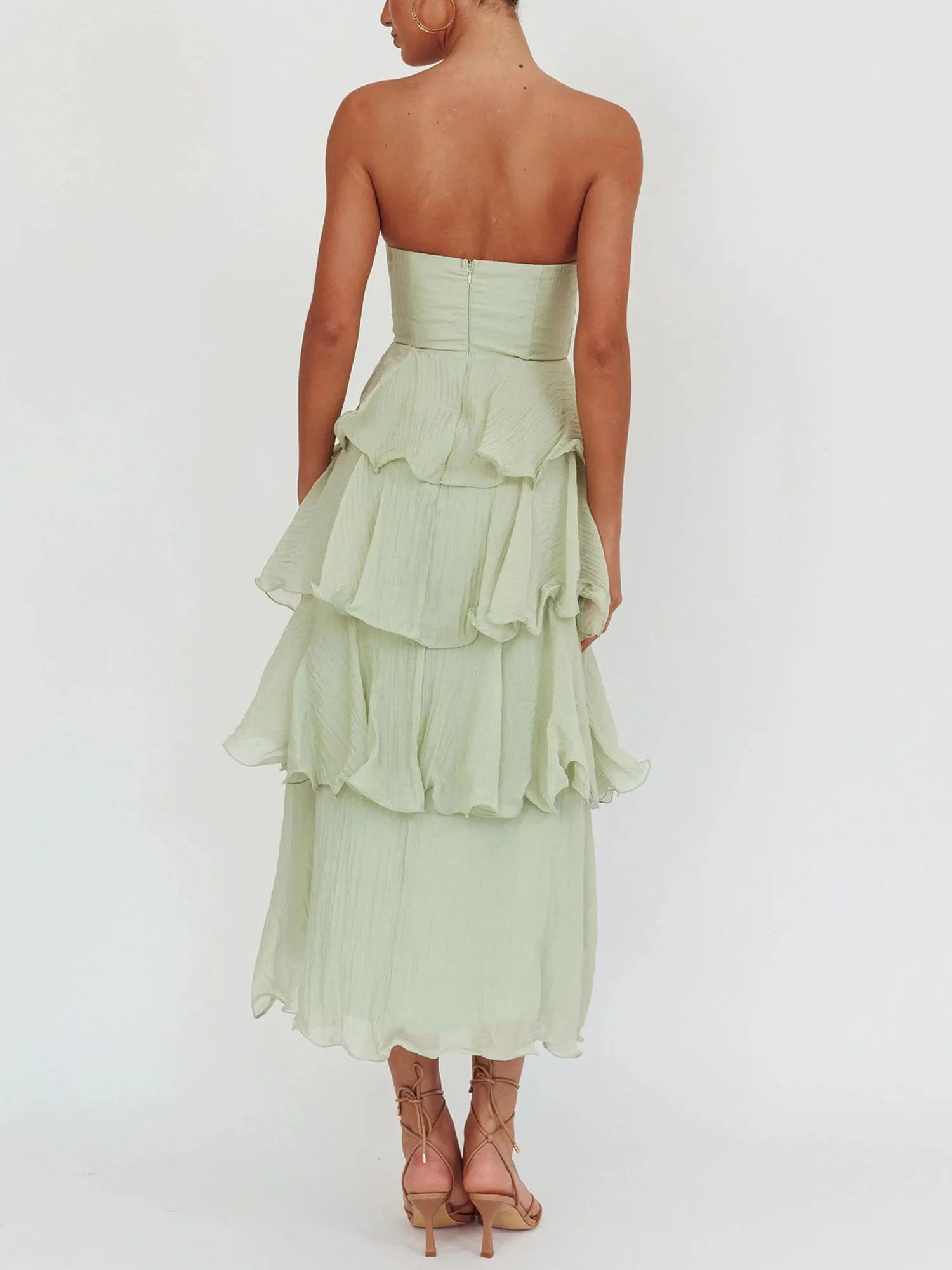 Light Green Strapless Tiered Midi Dress