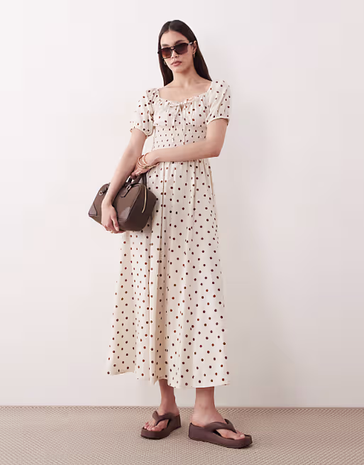 Esmée puff sleeve tie front maxi beach dress in cream & brown polka dot