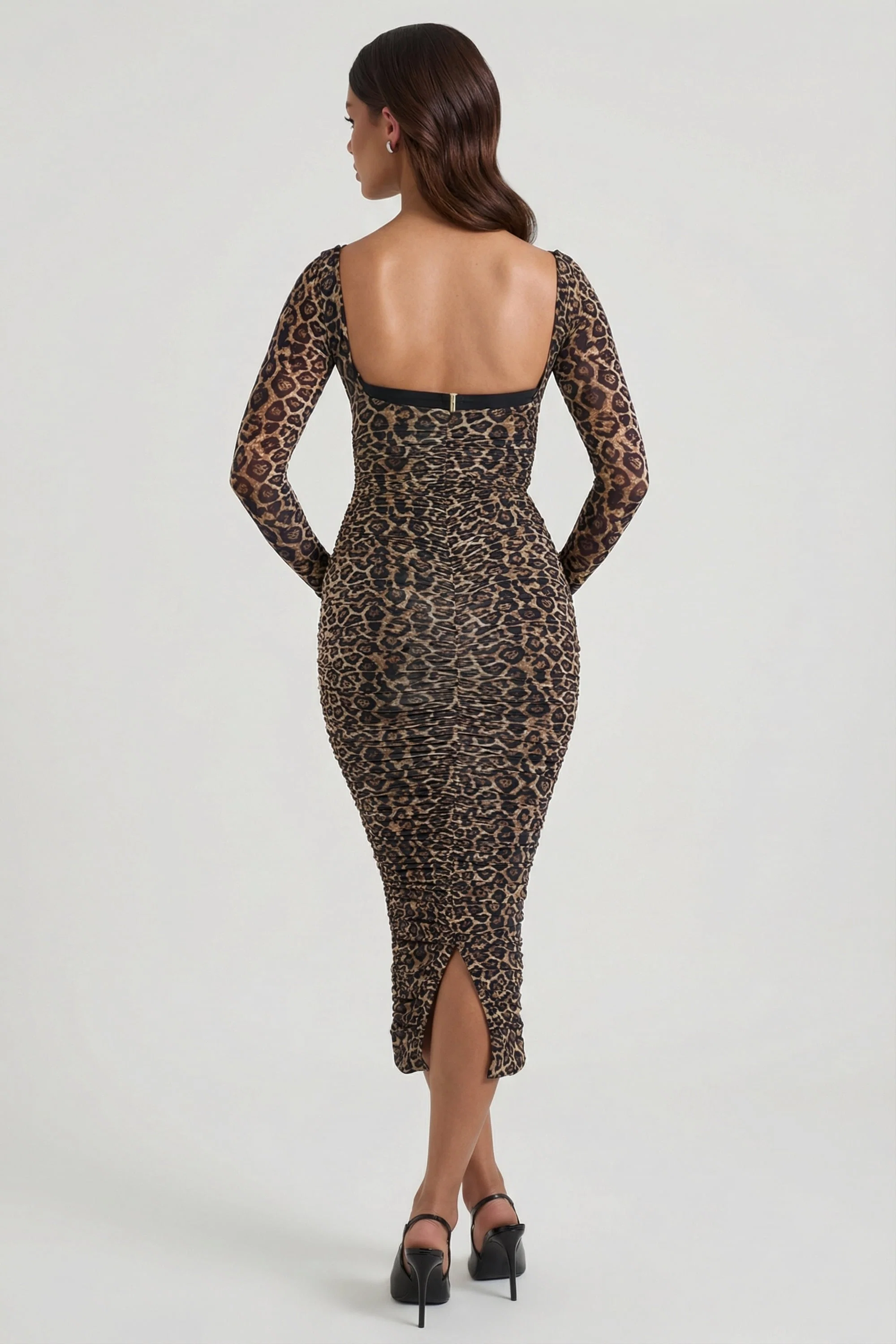 Layered Bra-Detail Ruched Midaxi Dress in Leopard Print