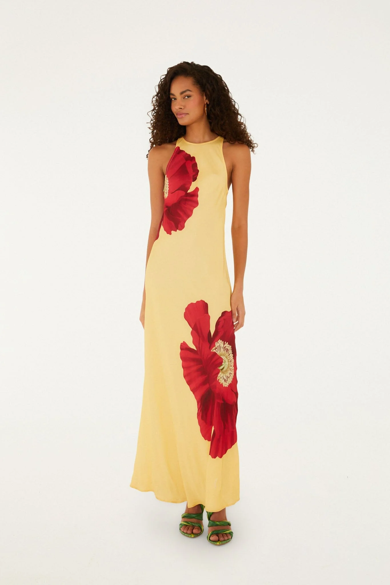 Light Yellow Poppy Flowers Sleeveless  Maxi Dress