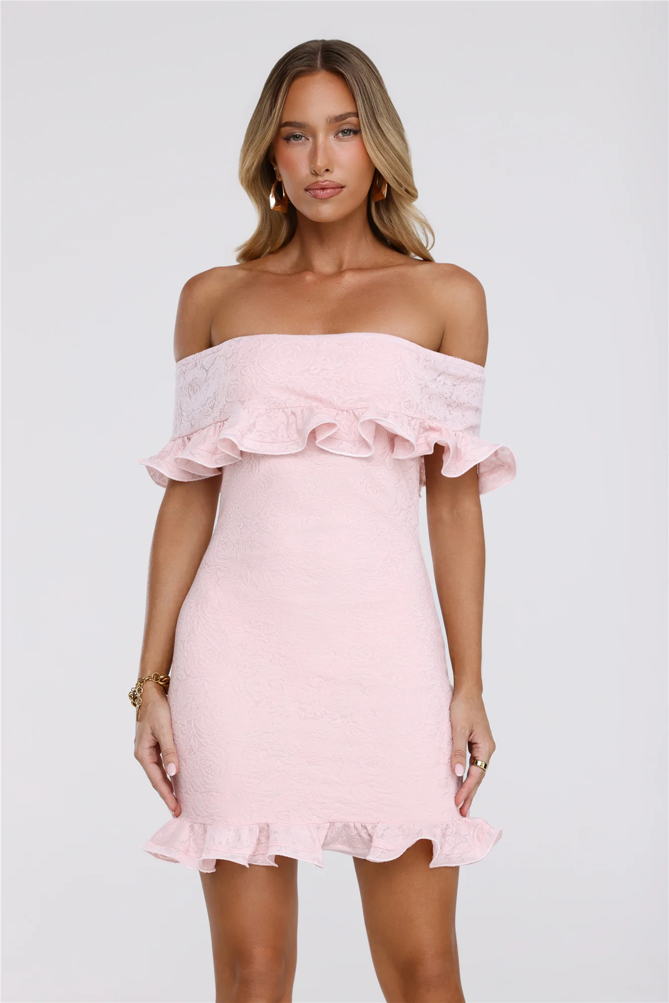 Glimmering Noir Off Shoulder Lace Mini Dress Pink