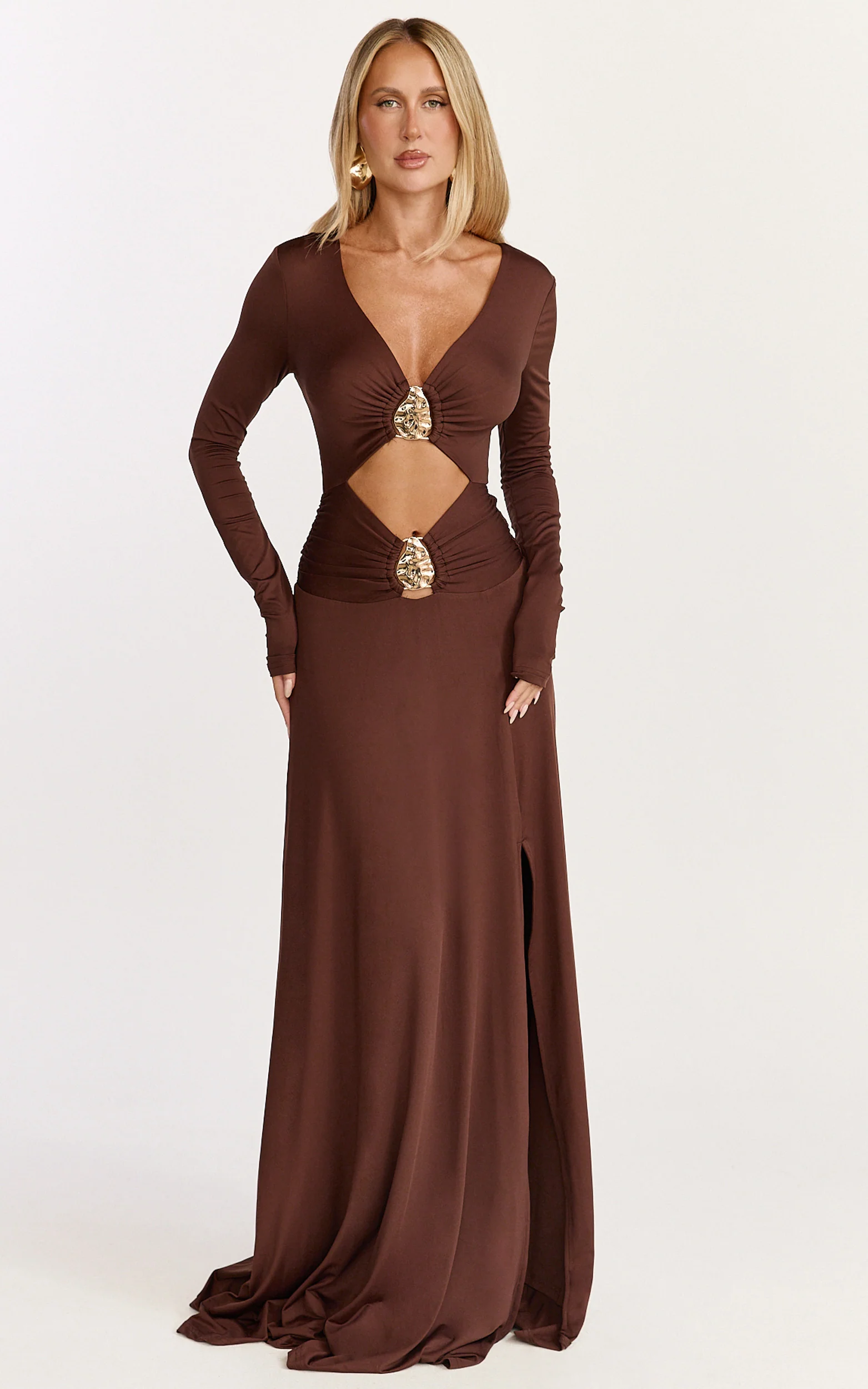 Sahara Maxi Dress - Long Sleeve Cut Out Gold Trim Dress in Chocolate