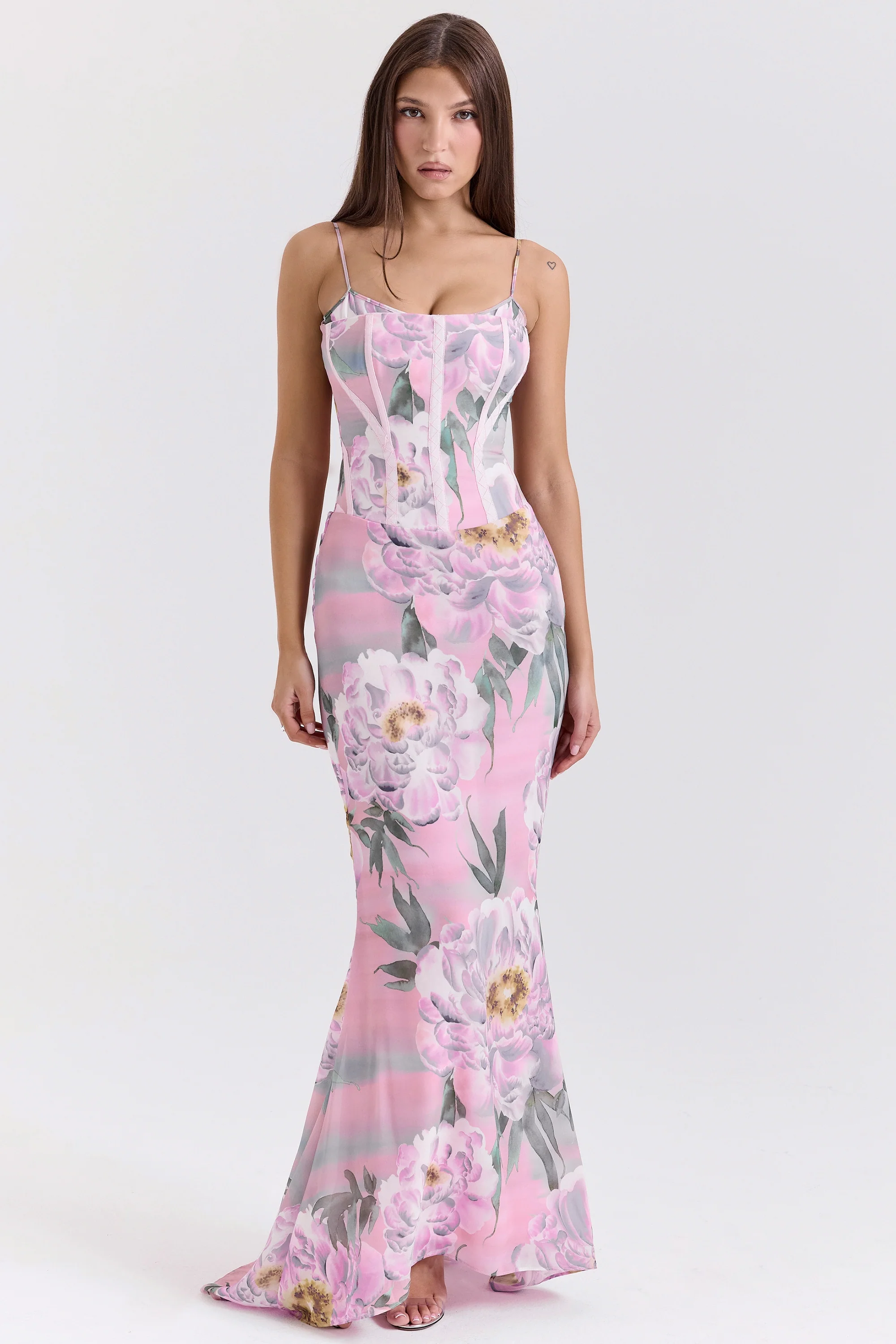 Pink Floral Corset Maxi Dress