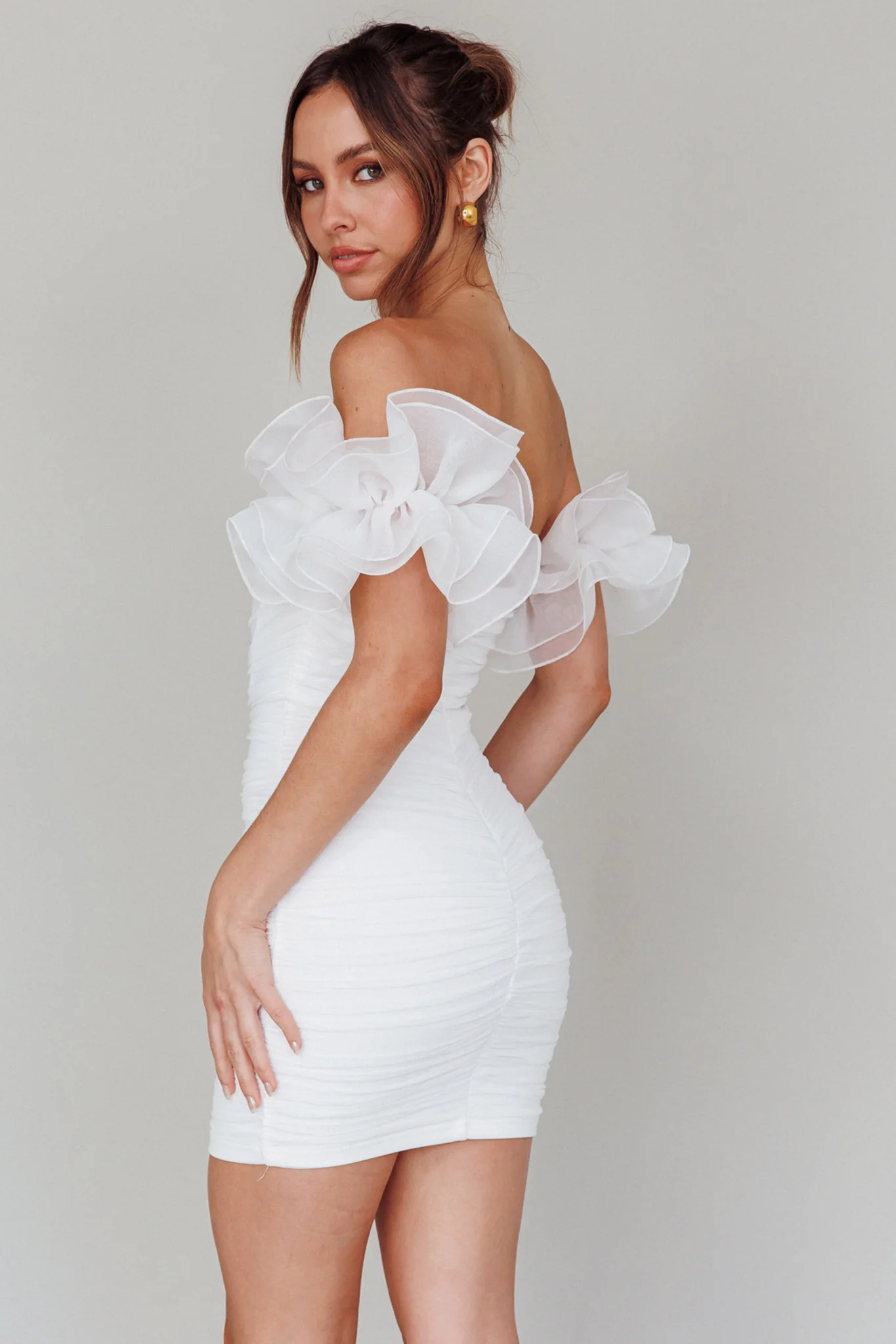 Star Dust Off-Shoulder Frill Sleeve Mini Dress White