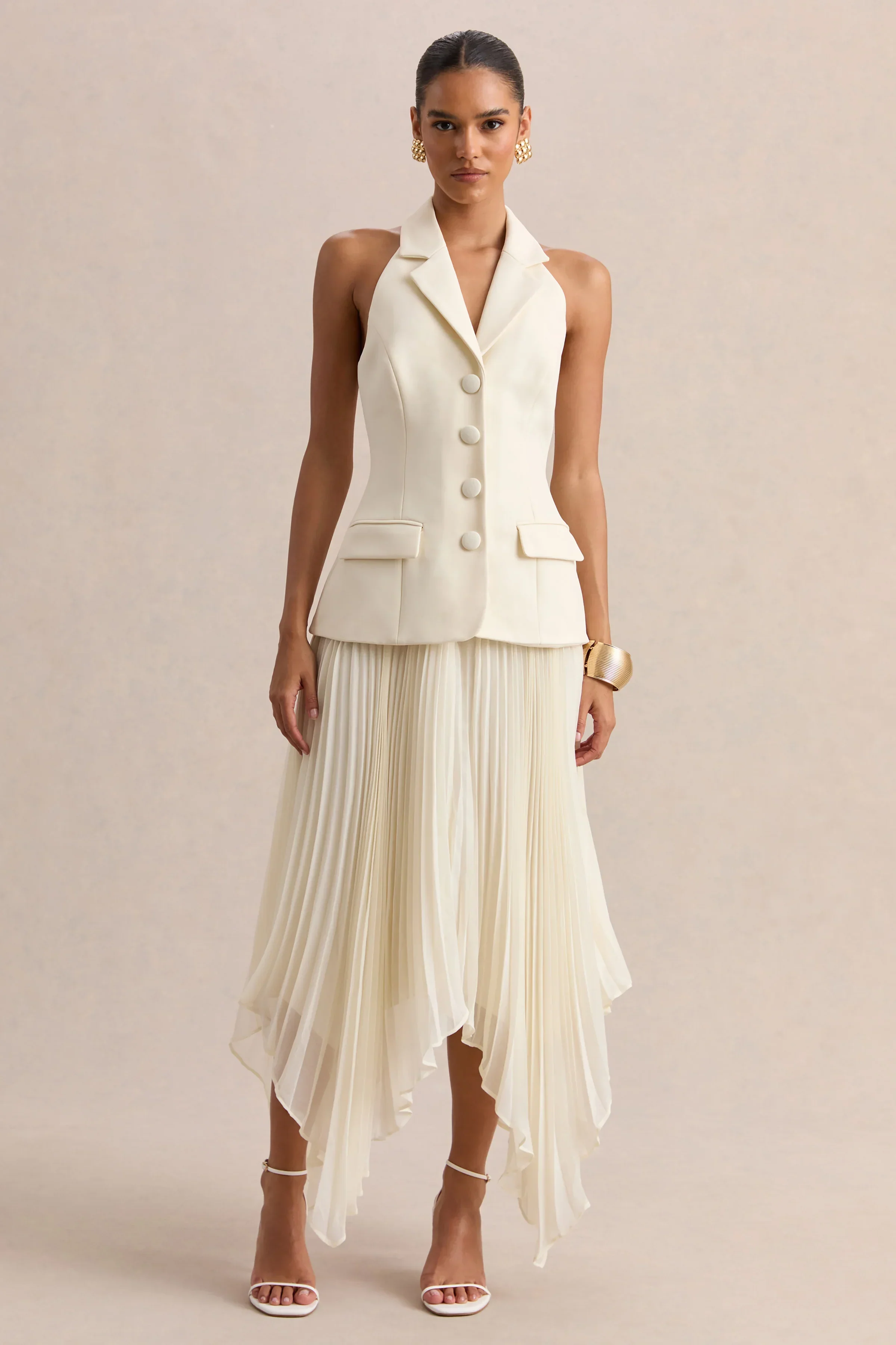 Marvelle | Cream Plunge-Neck Maxi Dress With Hanky Hem