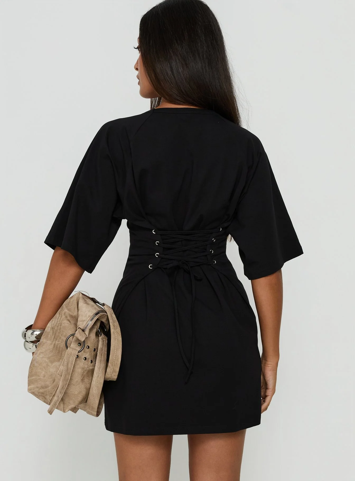 Enzia Raglan Lace Up Mini Dress Black