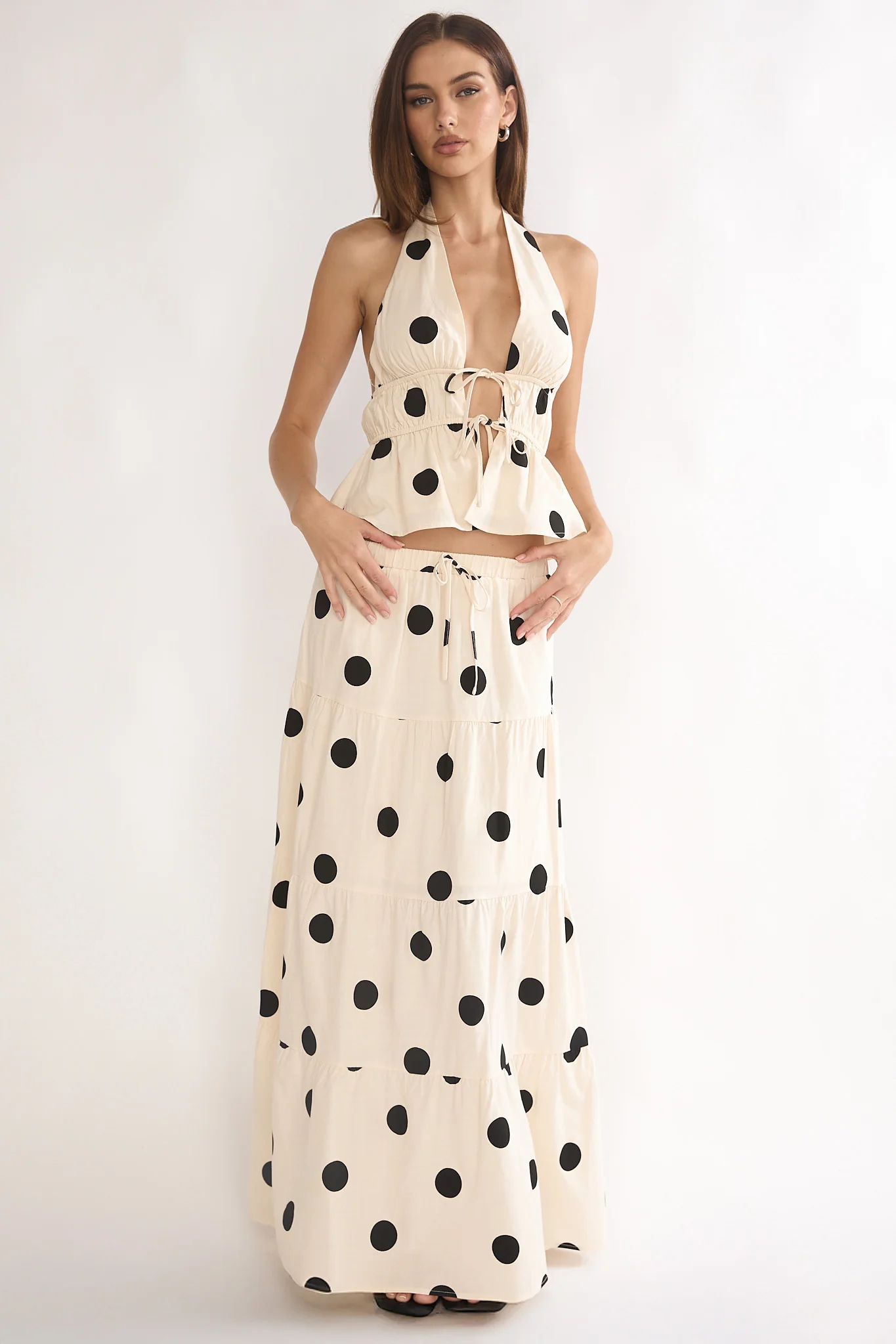 Under The Moons Tied Front Halter Top Polka Dot Beige