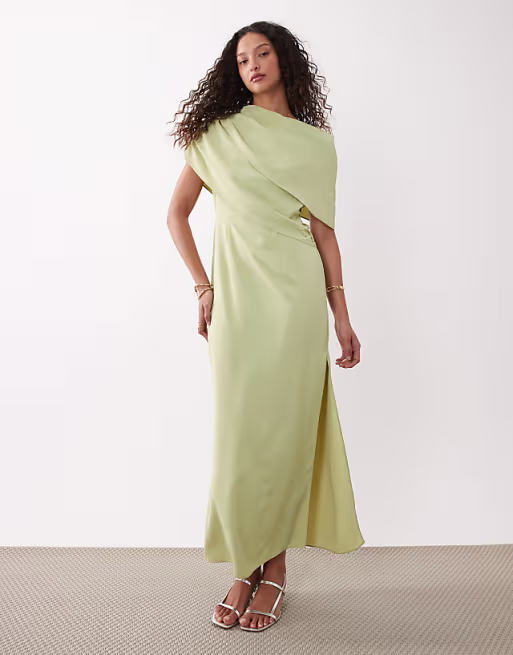 fallen shoulder midi dress in sage