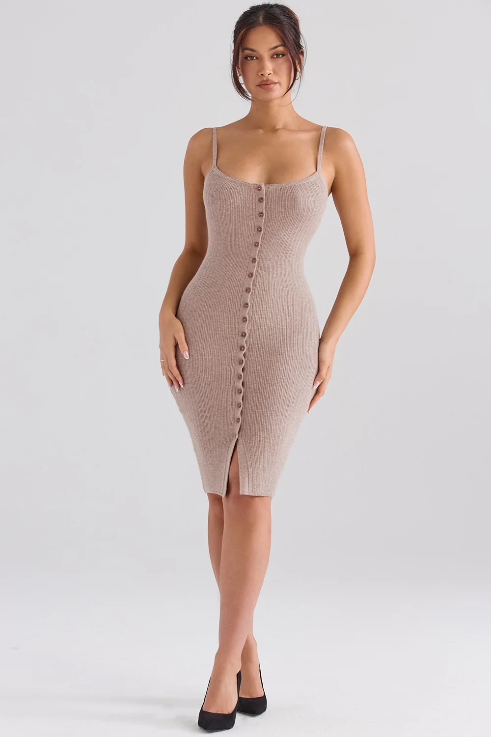 Beige Cashmere Knit Midi Dress