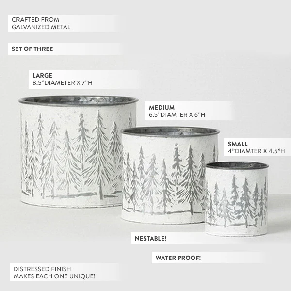 Snowy Tree Embossed Metal Christmas Planters, Set of 3