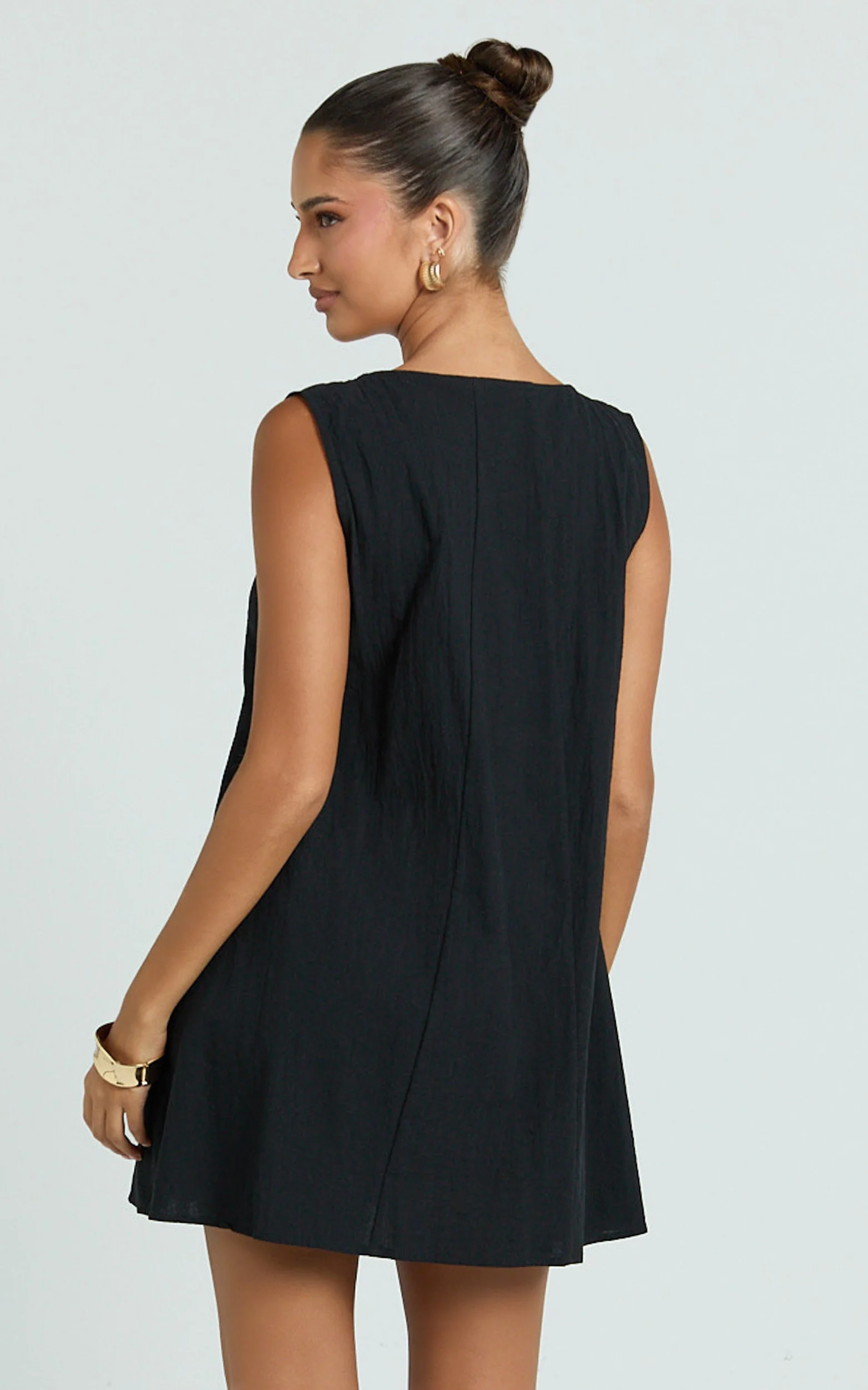 Lucinda Mini Dress - Deep U Gathered Neck Smock Dress in Black