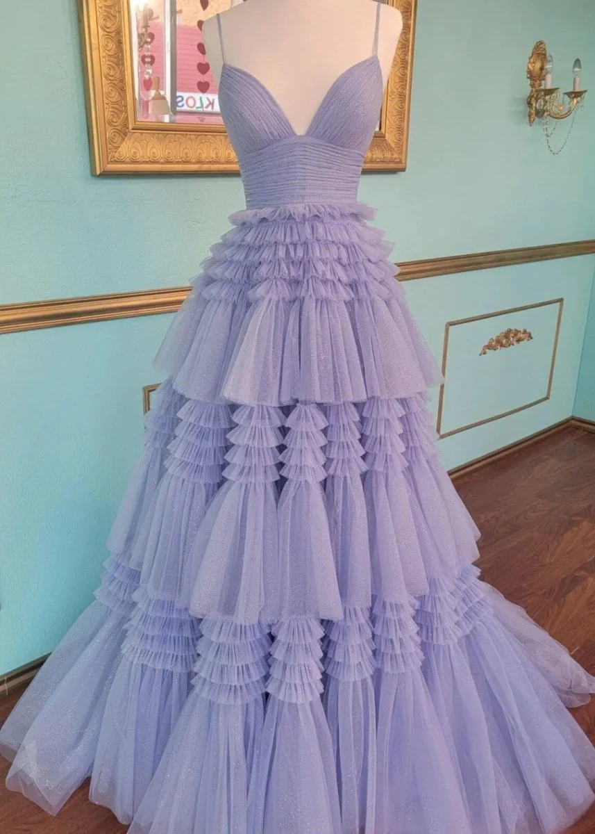 Amanda| A-Line Spaghetti Straps Long Tiered Tulle Prom Dress With Split