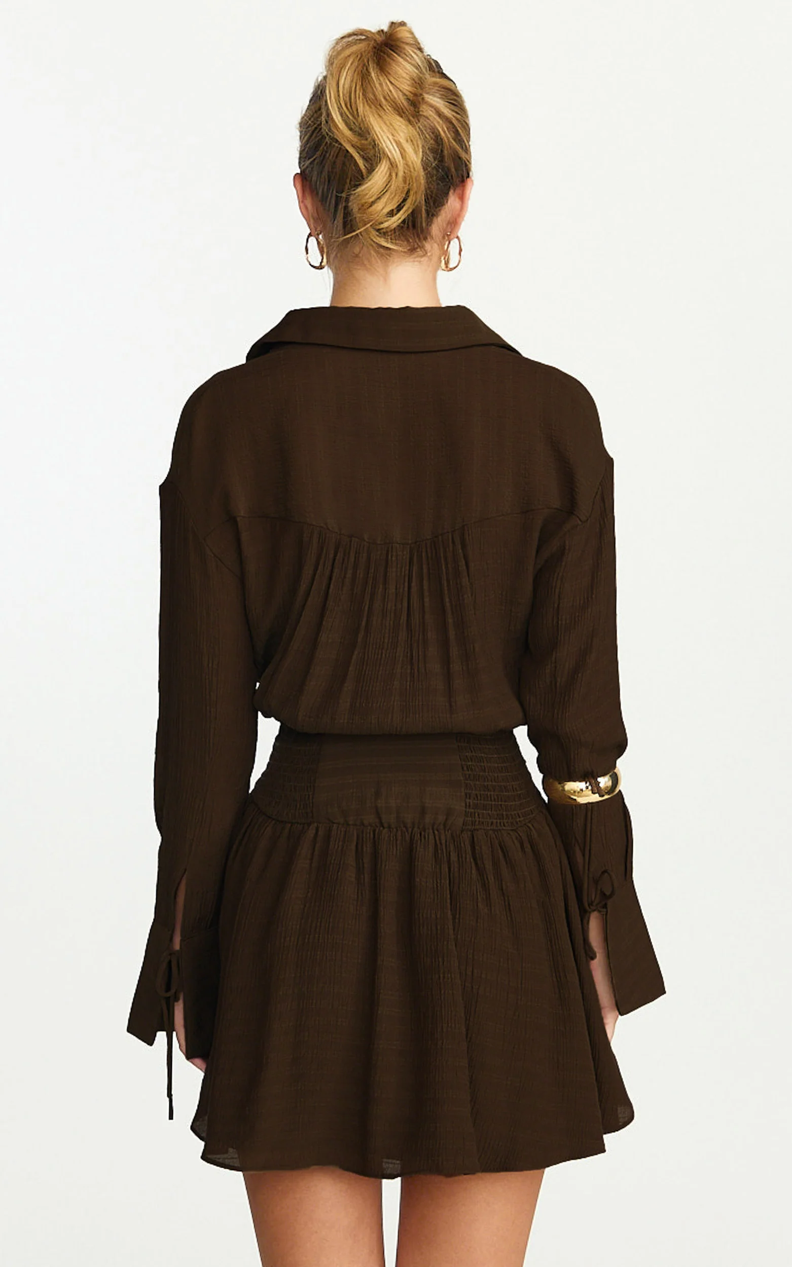 Valerie Mini Dress - Collared Long Sleeve Waist Shirt Dress in Chocolate