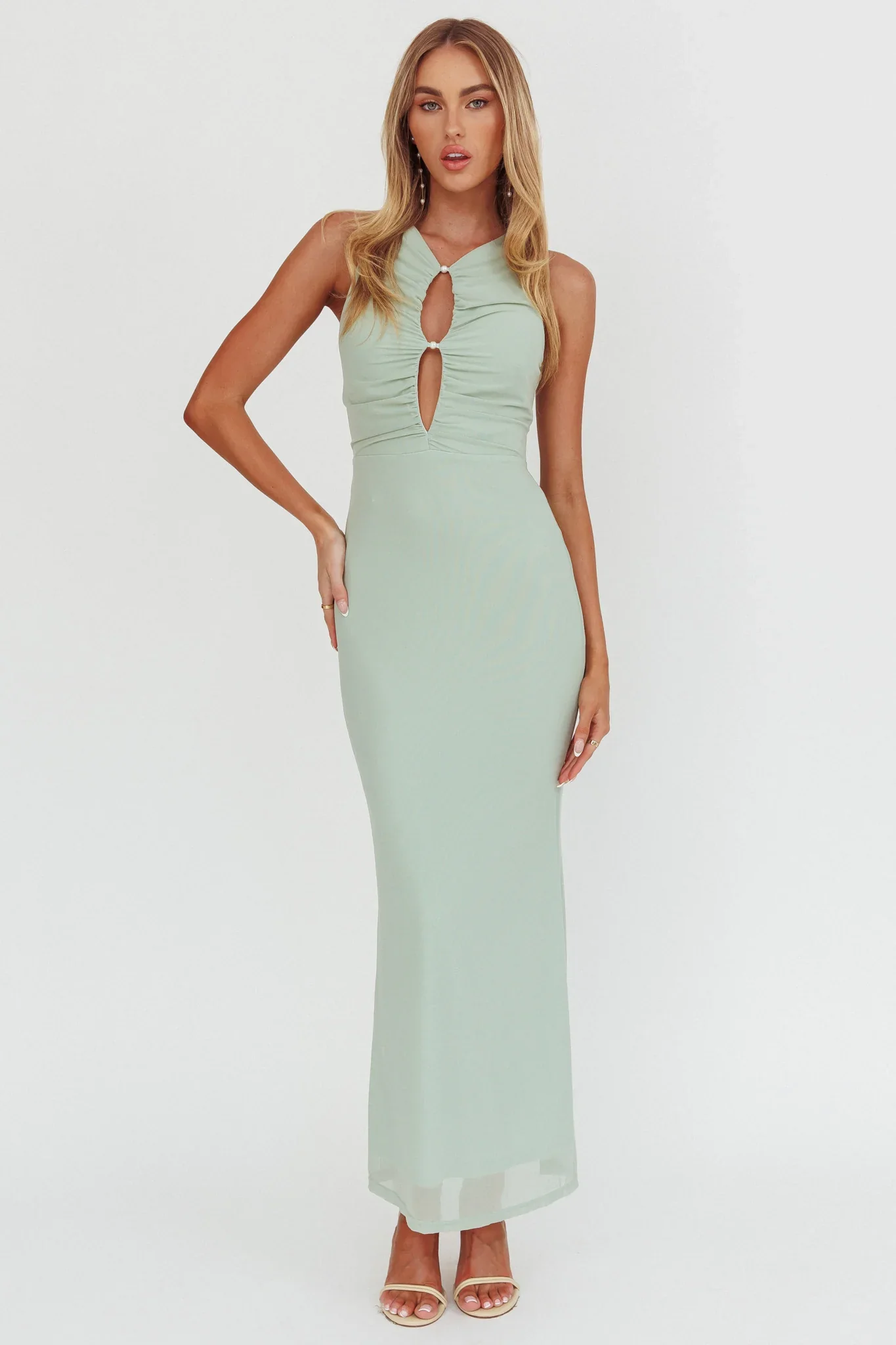Piece Of Heaven Sleeveless Keyhole Mesh Maxi Dress Sage