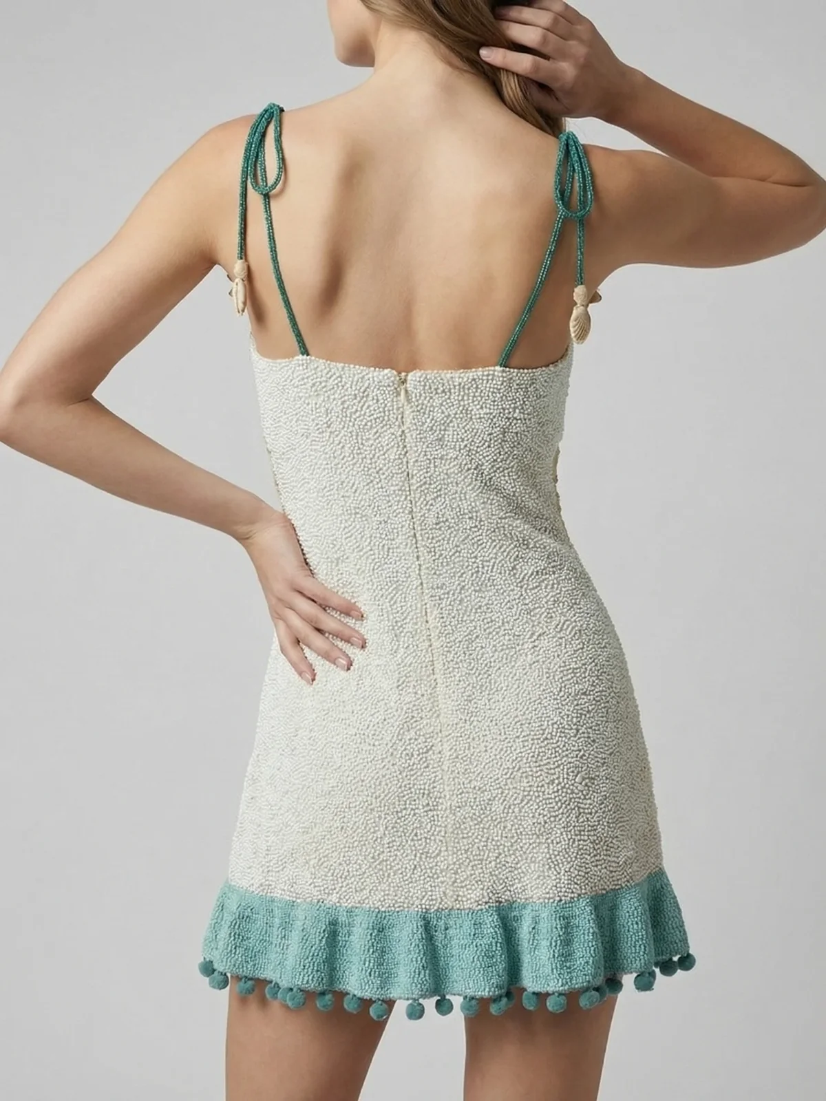White Green Starfish Beaded Mini Dress
