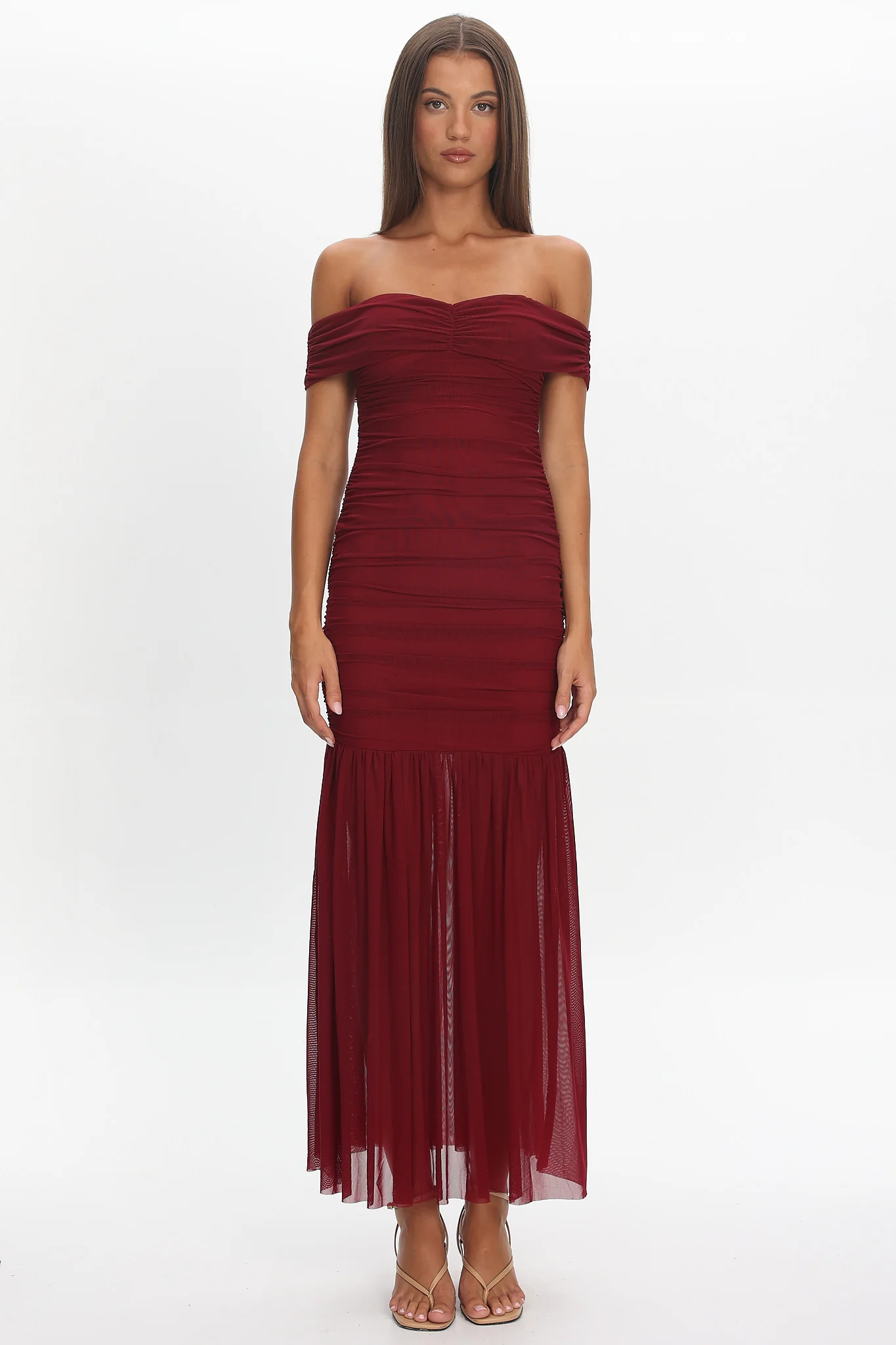 La Salle Off Shoulder Mesh Maxi Dress Wine - luluinthesky