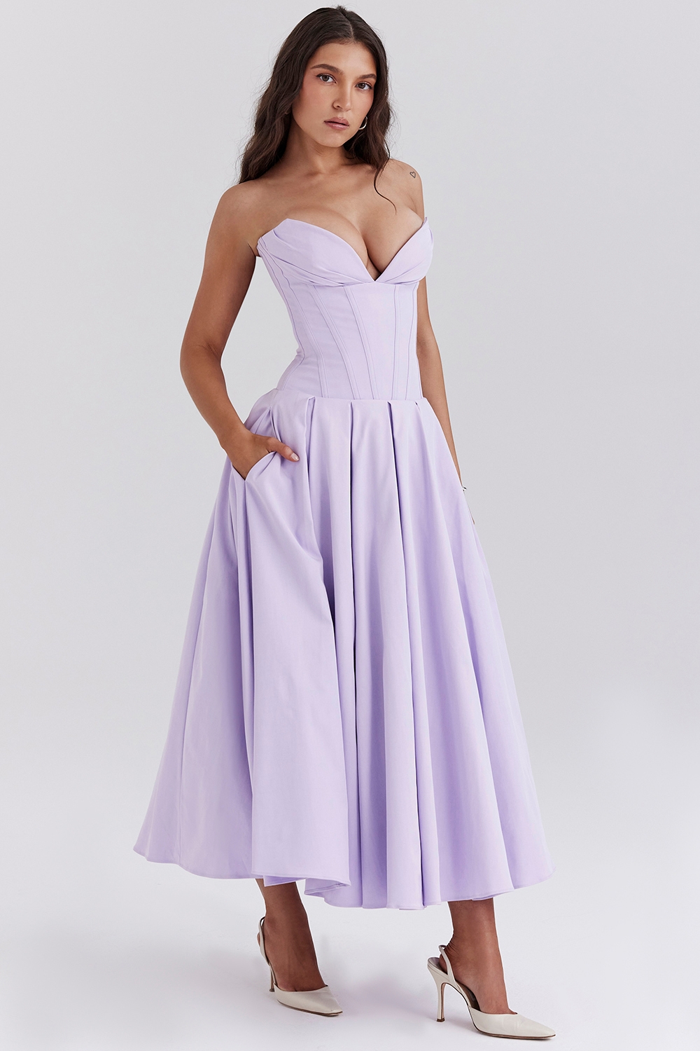 Orchid Twill Strapless Tulle Midi Dress