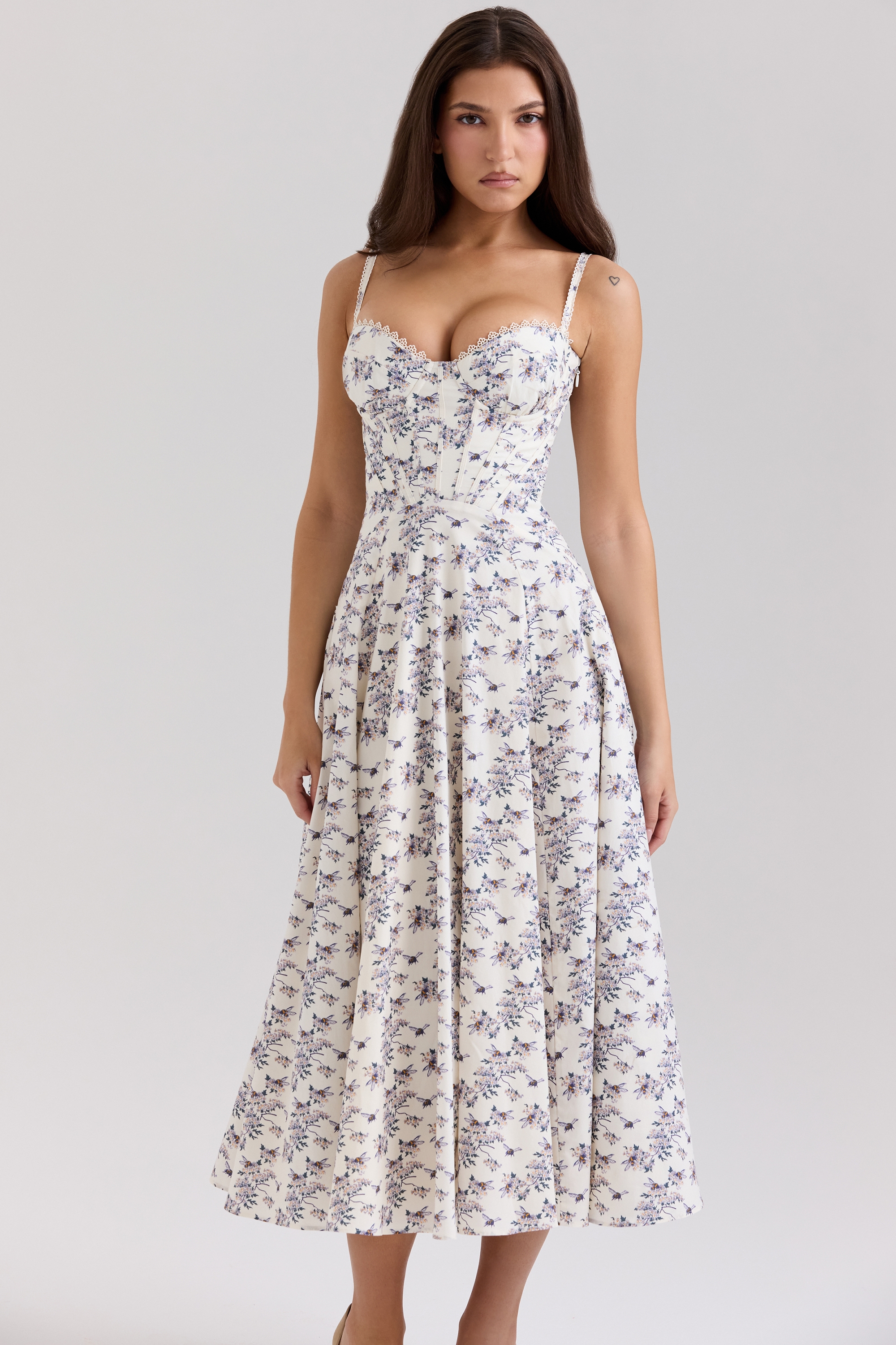 Cream Stretch Cotton Floral Print Midi Sundress