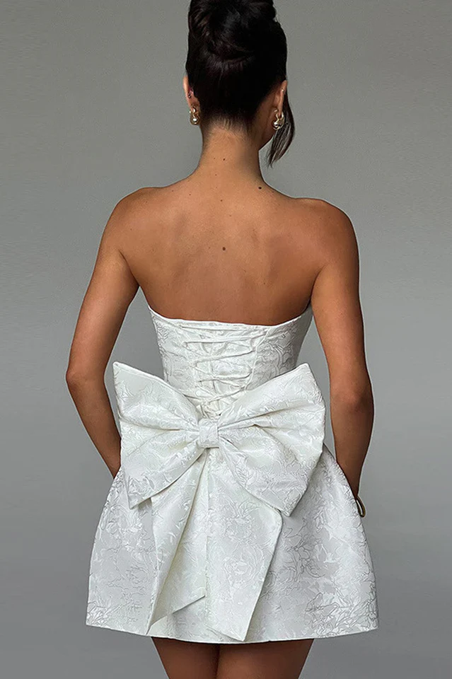 Jacquard Print Tube Back Bow Mini Dress