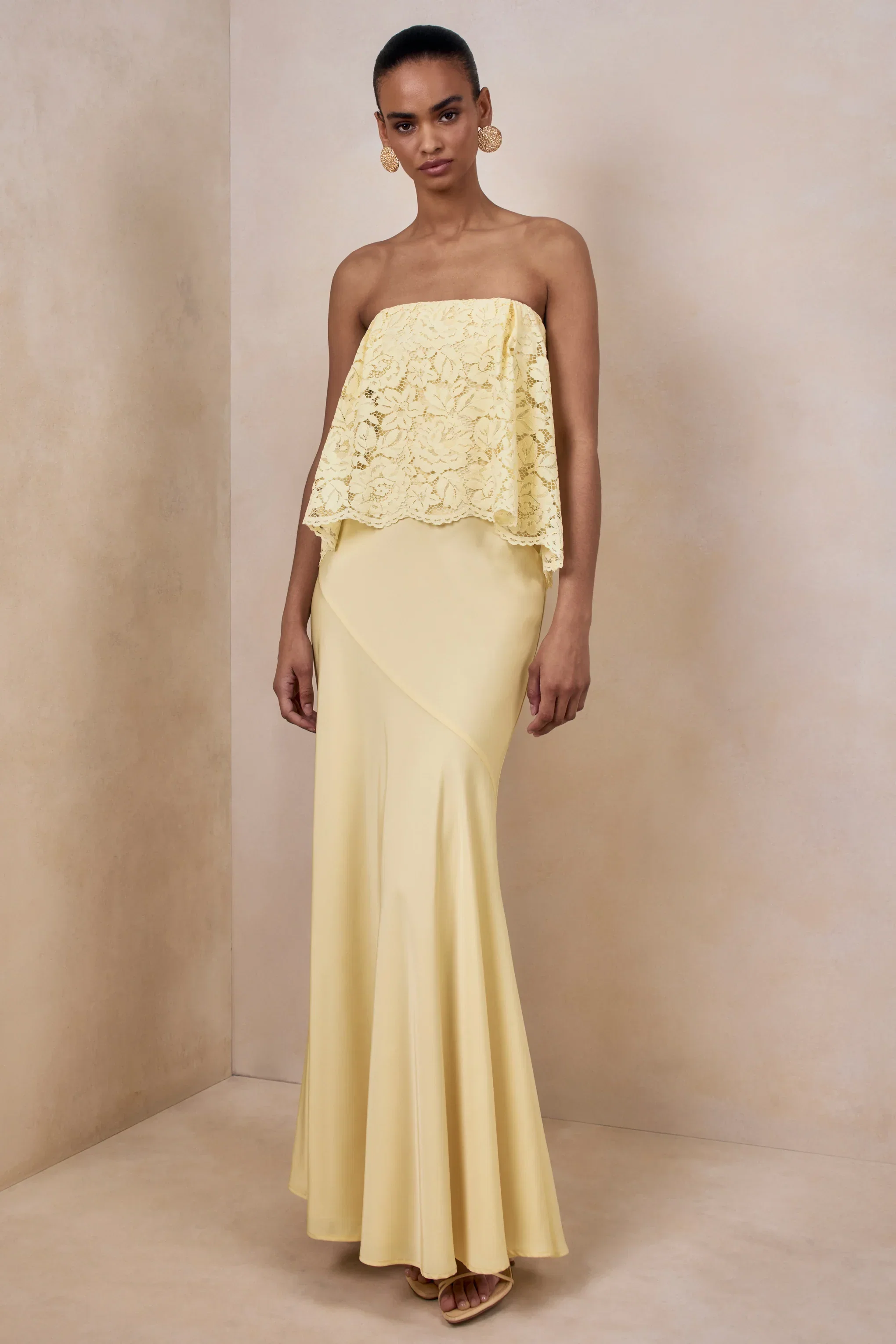 Clemency | Lemon Lace And Satin Bandeau Maxi Dress