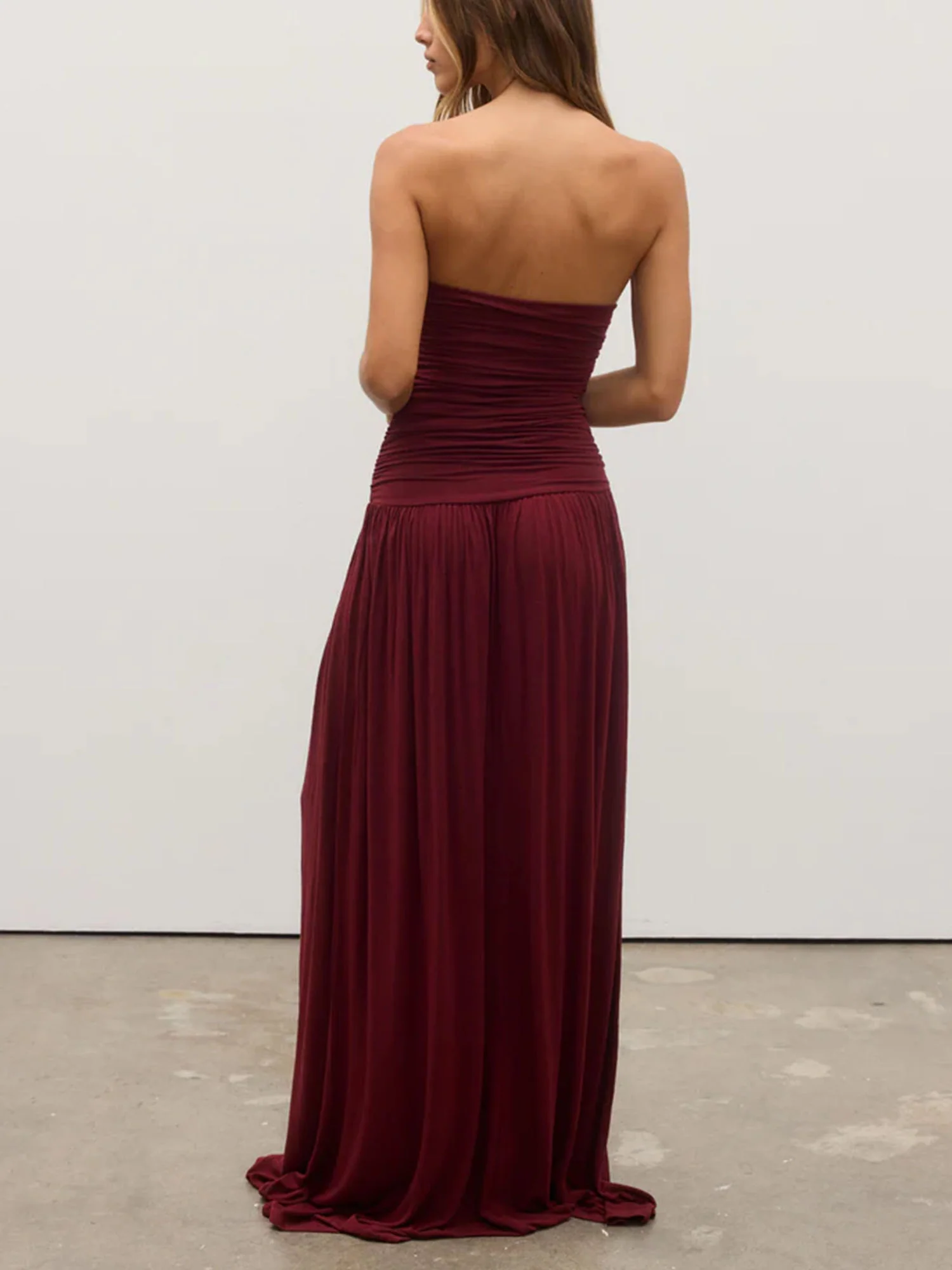 Burgundy Strapless Ruched Maxi Dress