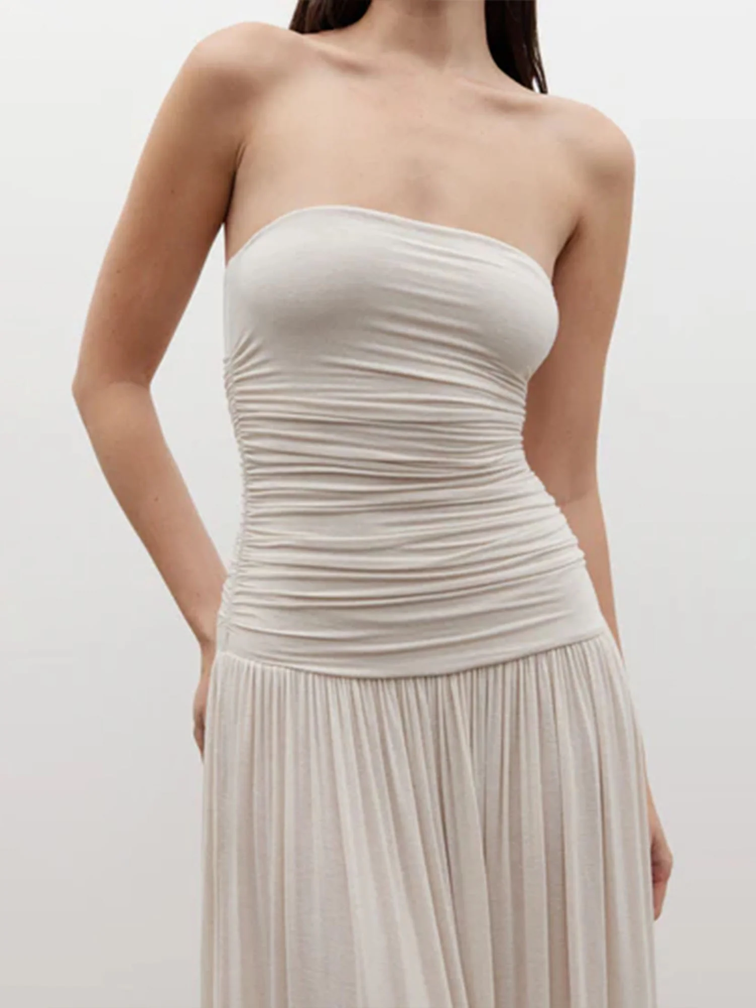 White Strapless Ruched Maxi Dress