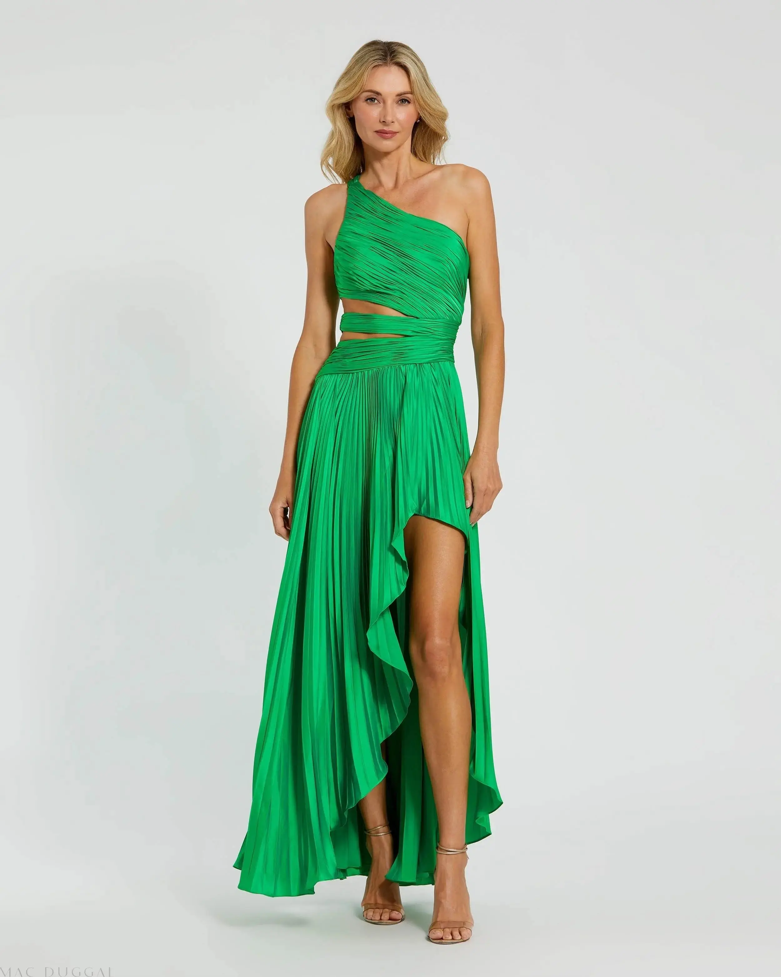 Green One Shoulder Pleated Charmeuse Gown With Slit