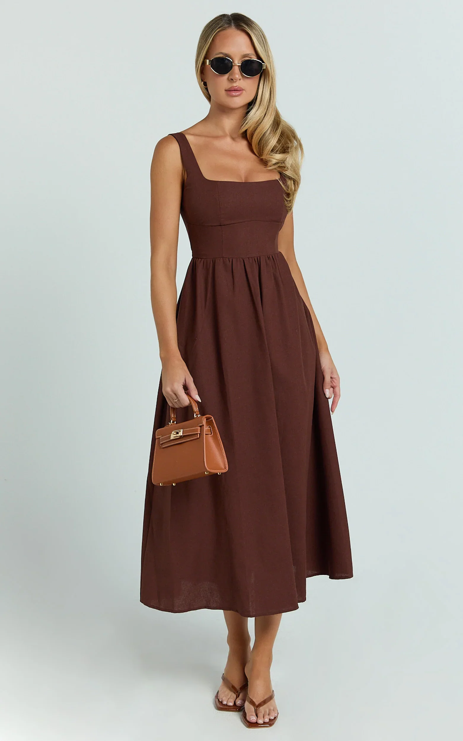Khari Midi Dress - Linen Look Square A Line Dress in Chocolate