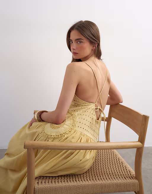 Topshop premium embroidered dropped waist maxi sundress in ochre