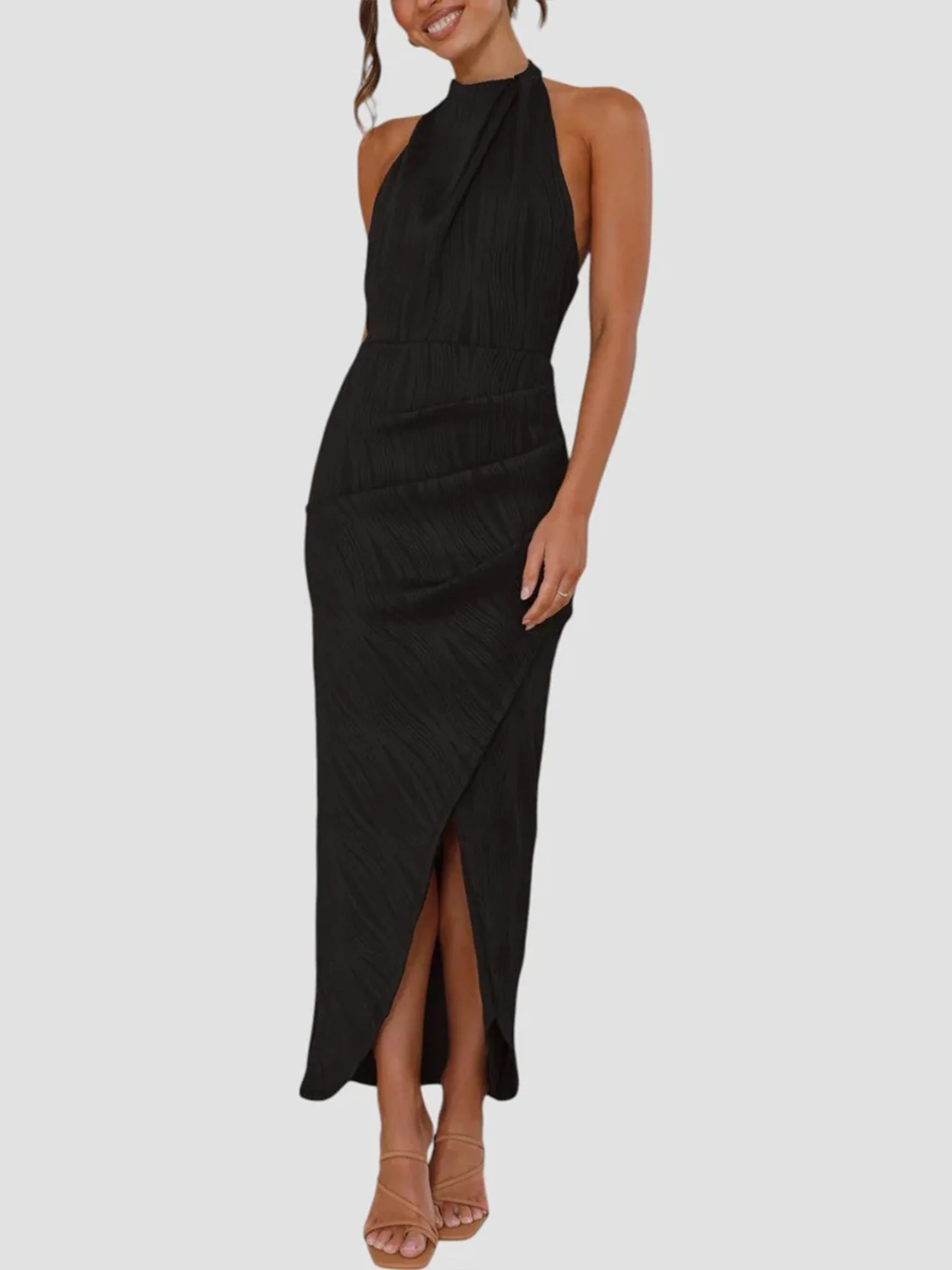 Black Halter Pleated Midi Dress