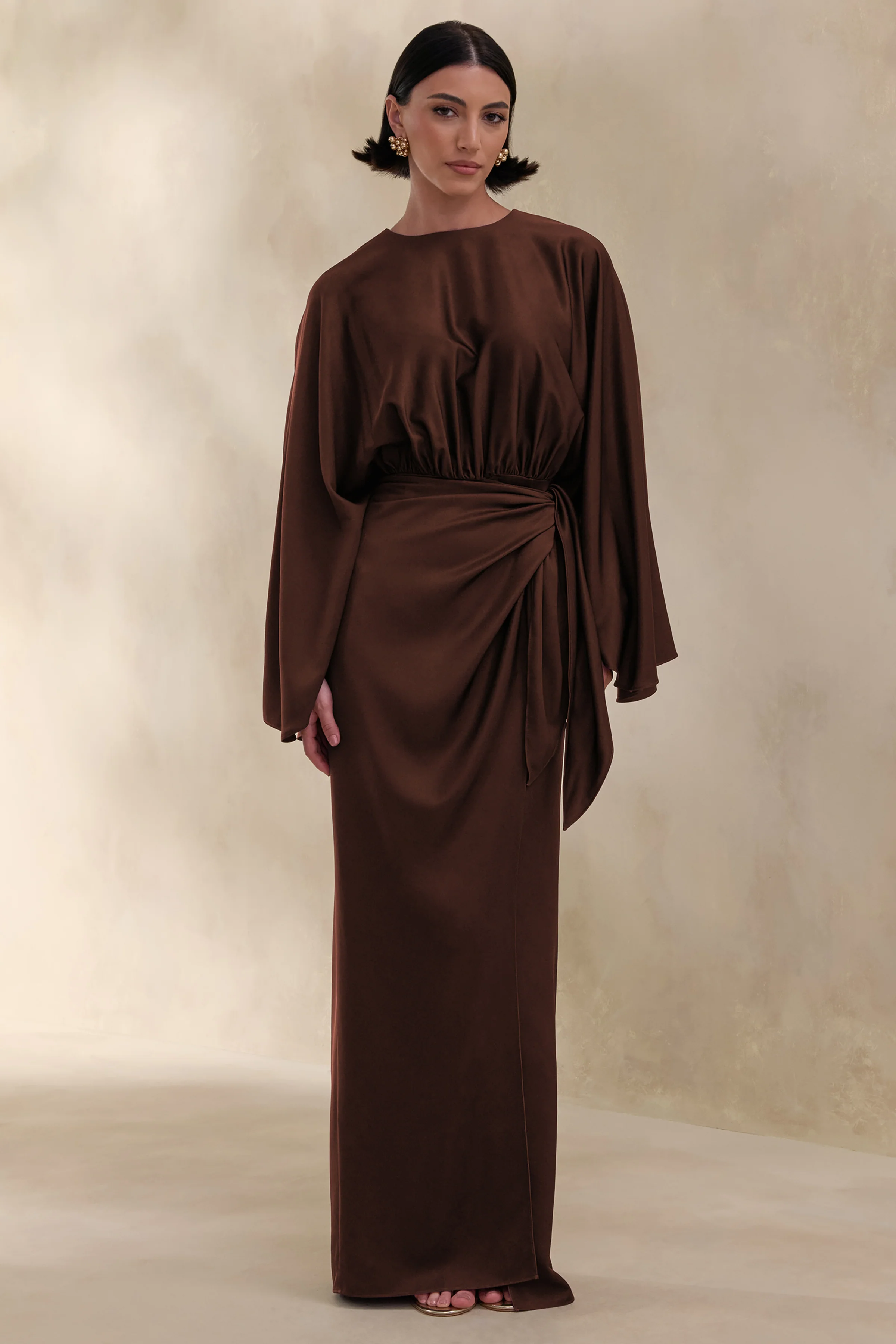 Delphina | Brown Satin Maxi Dress With Gathered And Knot-Detail
