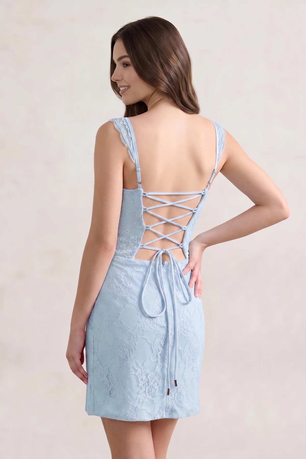 Sky Blue Scoop Neck Sheath Lace Short Homecoming Dress With Slit