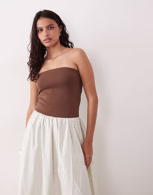 YAS bandeau contrast pinstripe maxi dress in brown and white