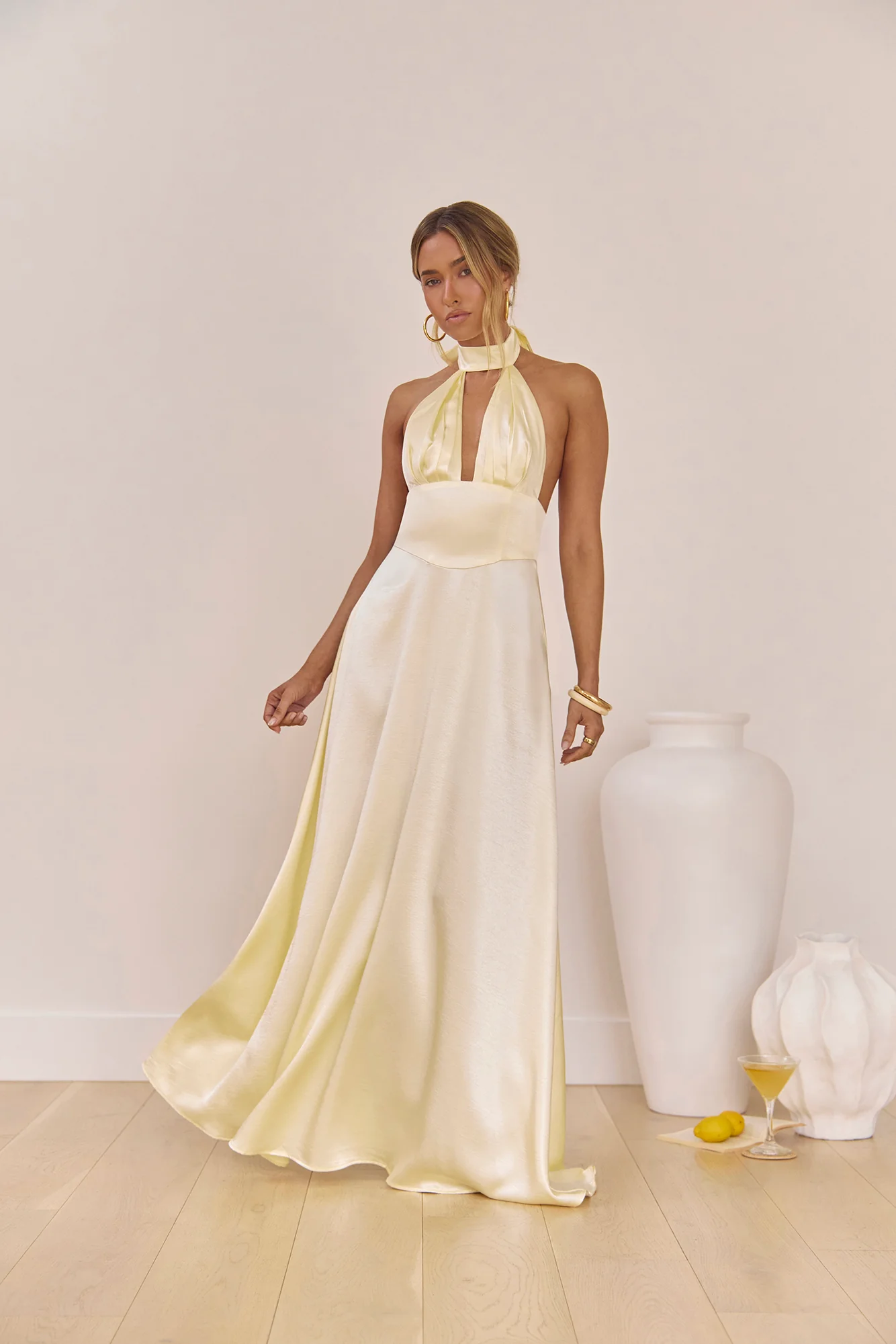 Hour Of Love Satin Halter Maxi Dress Yellow