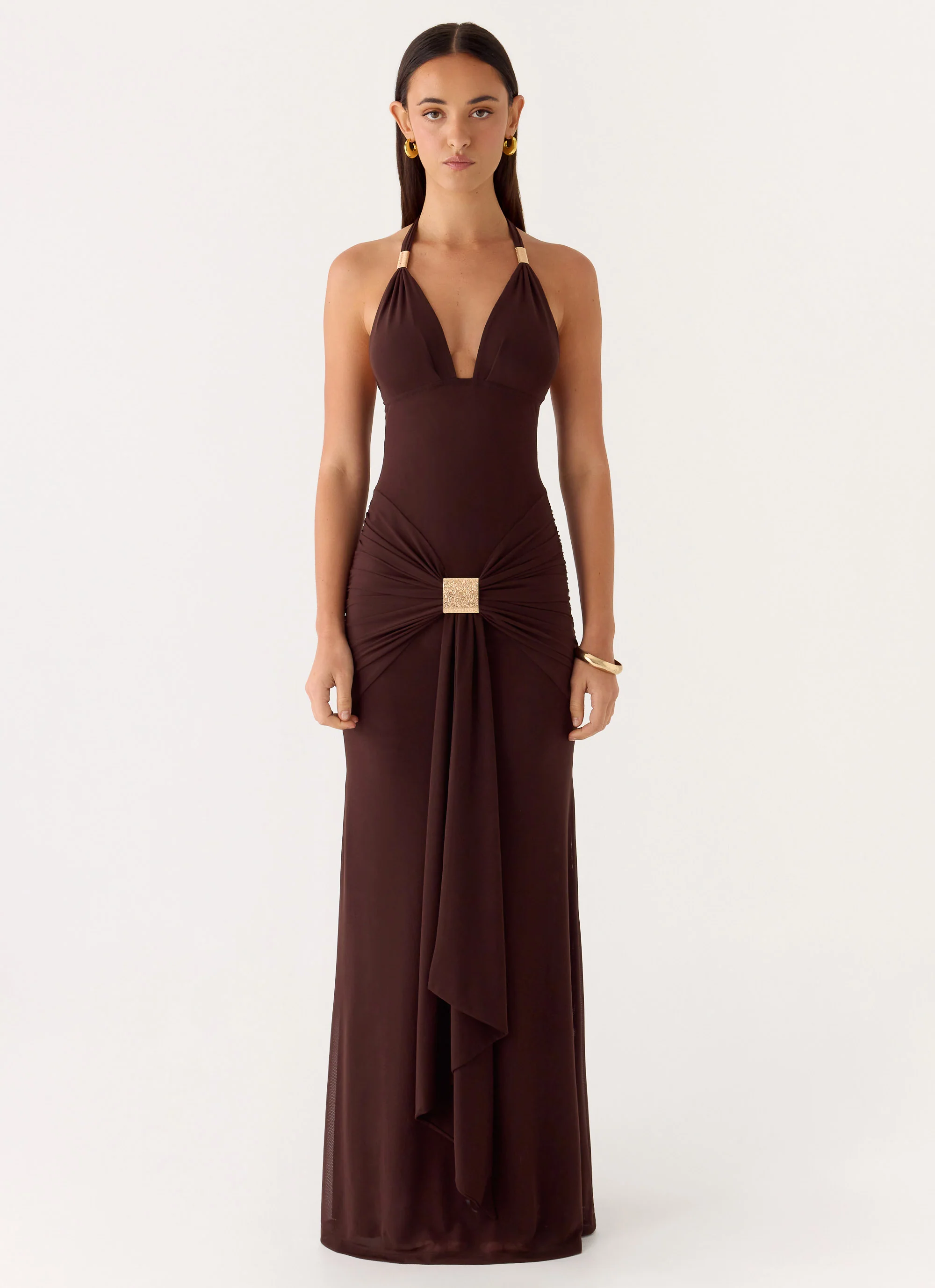 Miyah Halter Hardware Maxi Dress - Chocolate