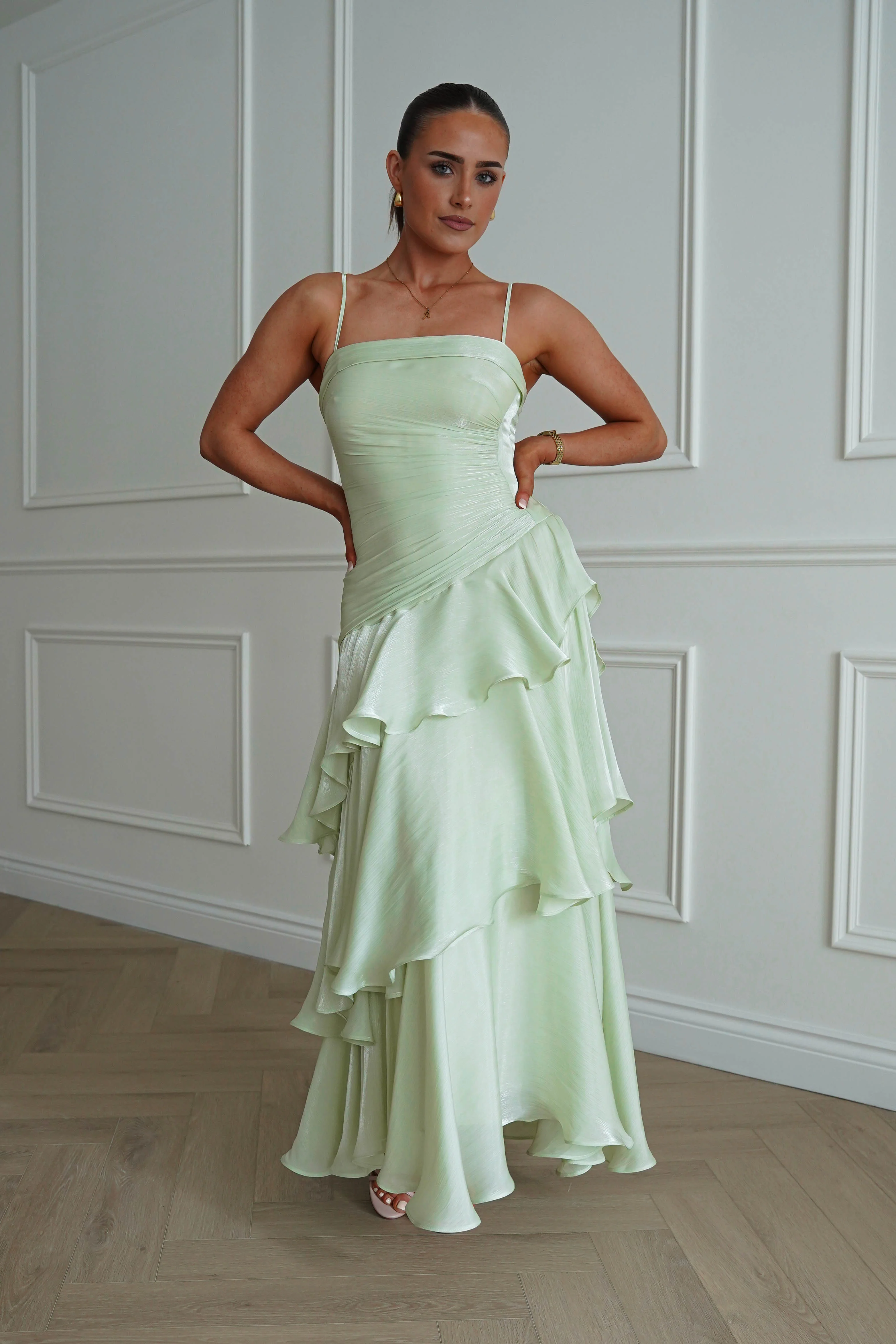 Renee Luminescent Ruffle Maxi Dress | Pistachio