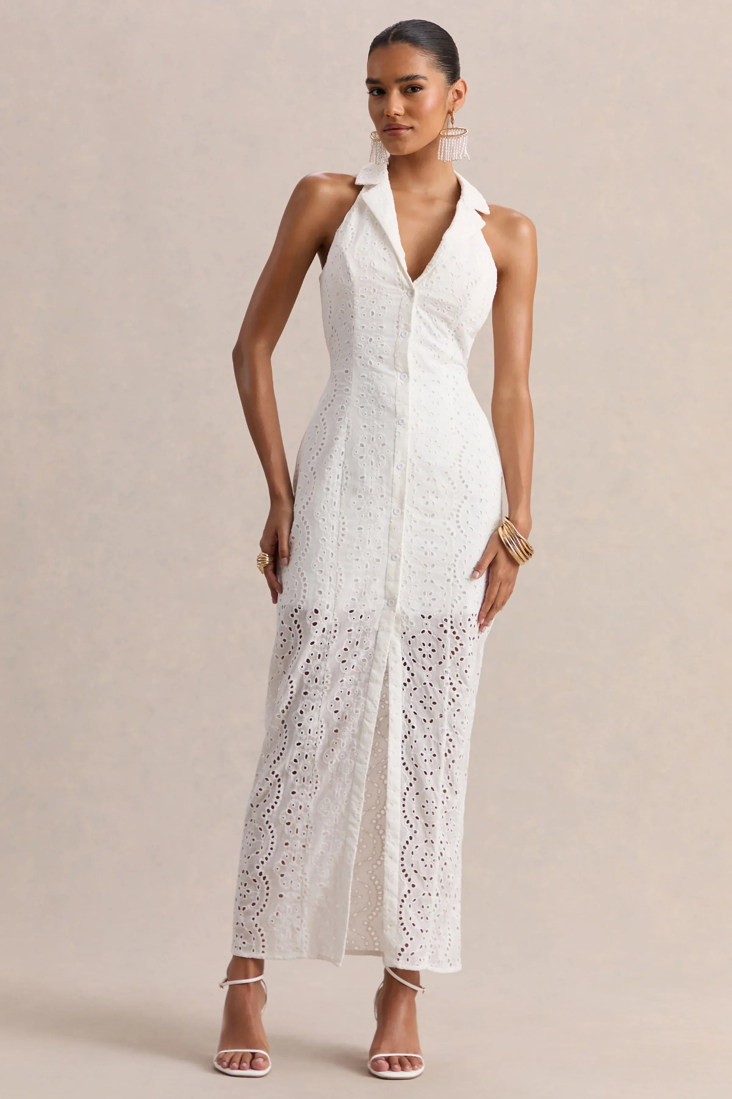 Tover | White Broderie Plunge-Neck Maxi Dress