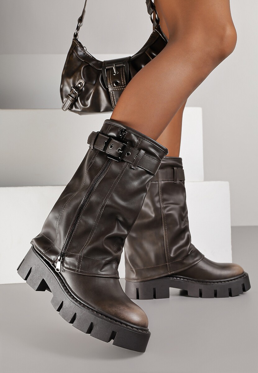 Brązowe Botki Biker Boots z Cholewką Imitującą Nogawkę z Klamerką Veresta