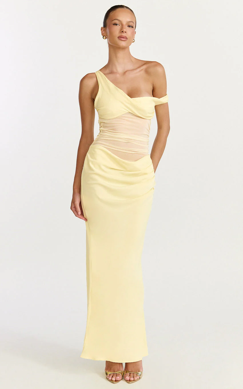 Elias Maxi Dress - Twisted One Shoulder Cowl Dropped Waist Dress in Lemon - luluinthesky